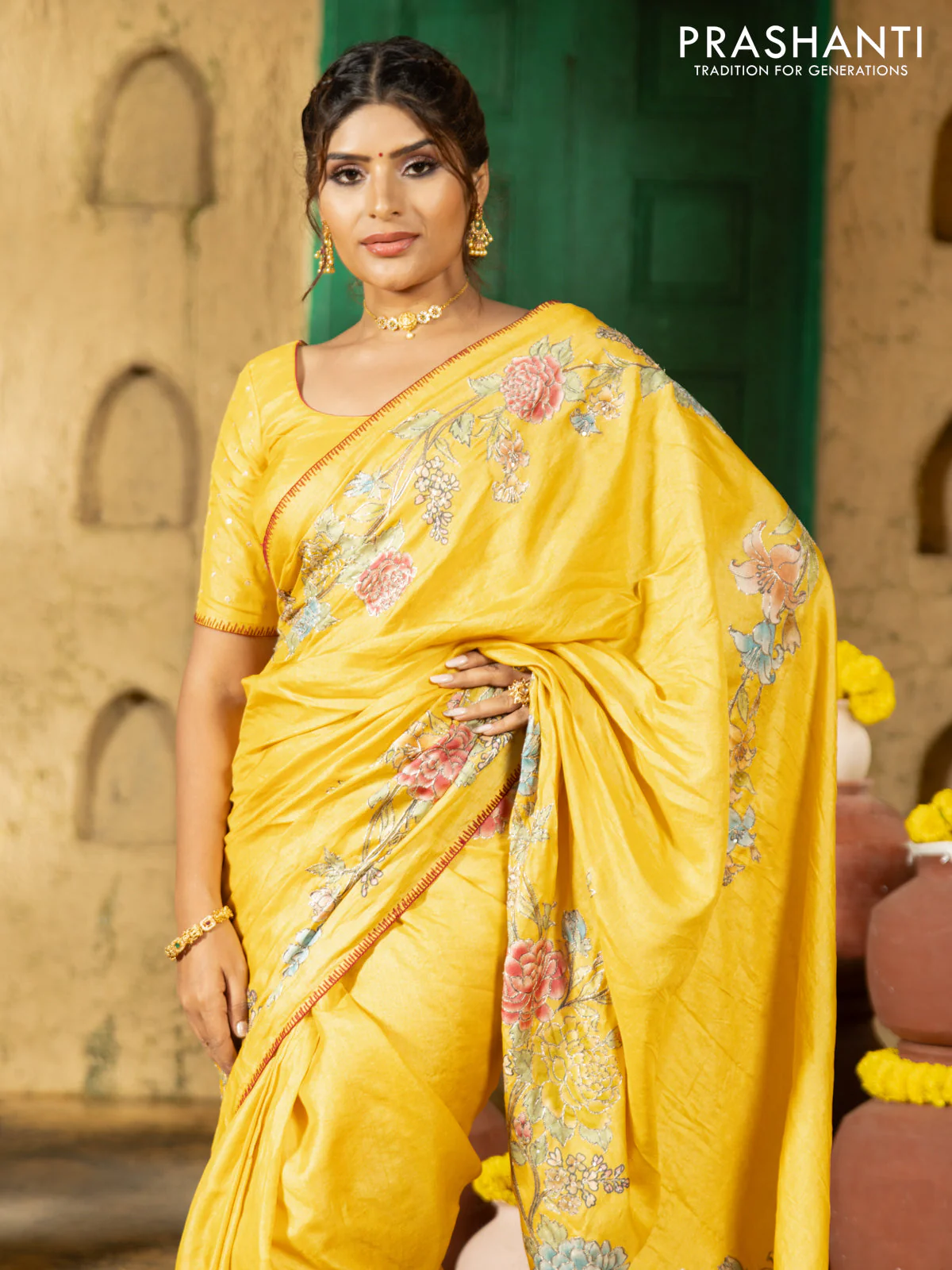 Tussar silk saree yellow with floral hand painted prints & pita work and embroidery border - Image 4