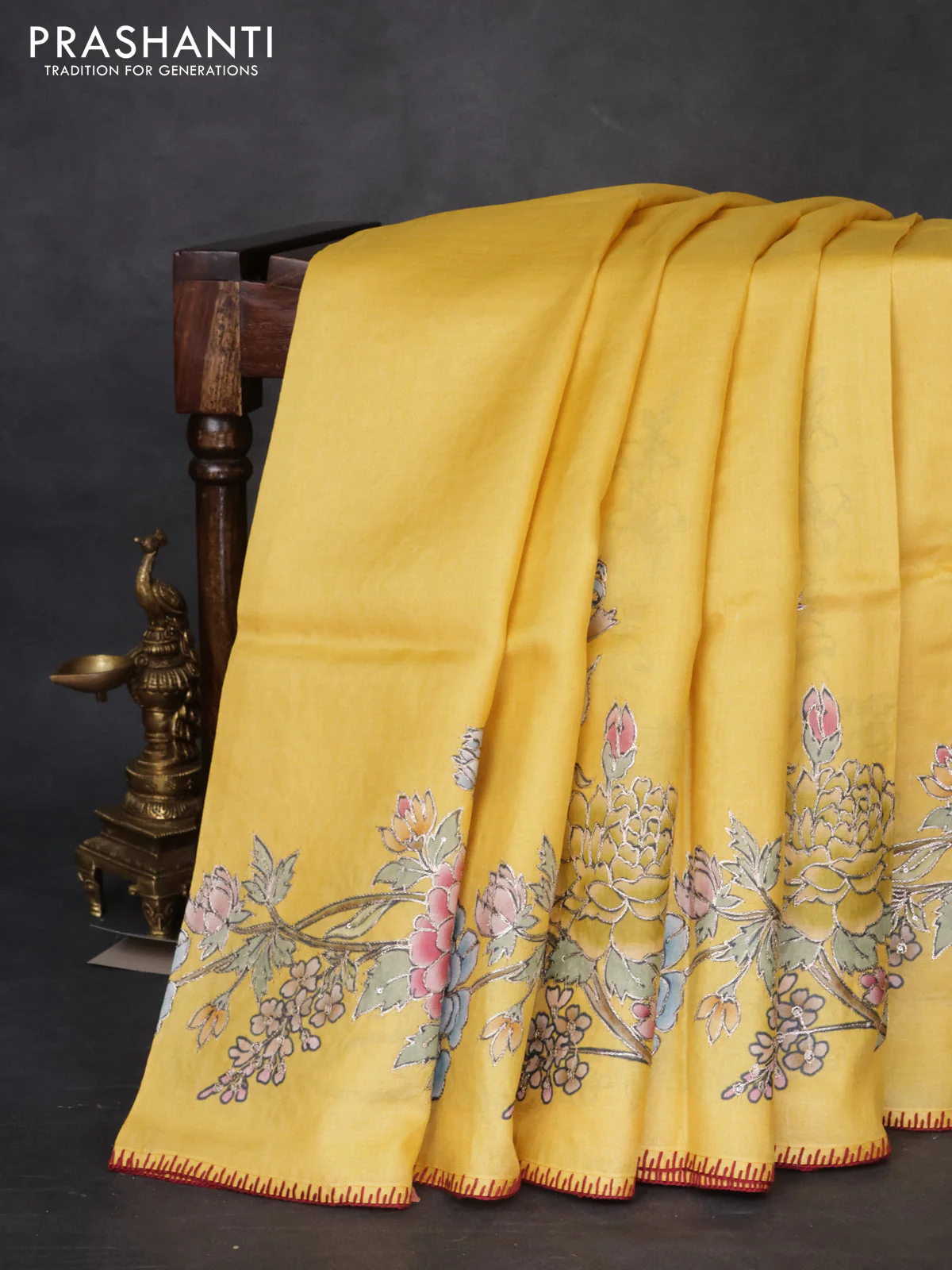 Tussar silk saree yellow with floral hand painted prints & pita work and embroidery border - Image 6