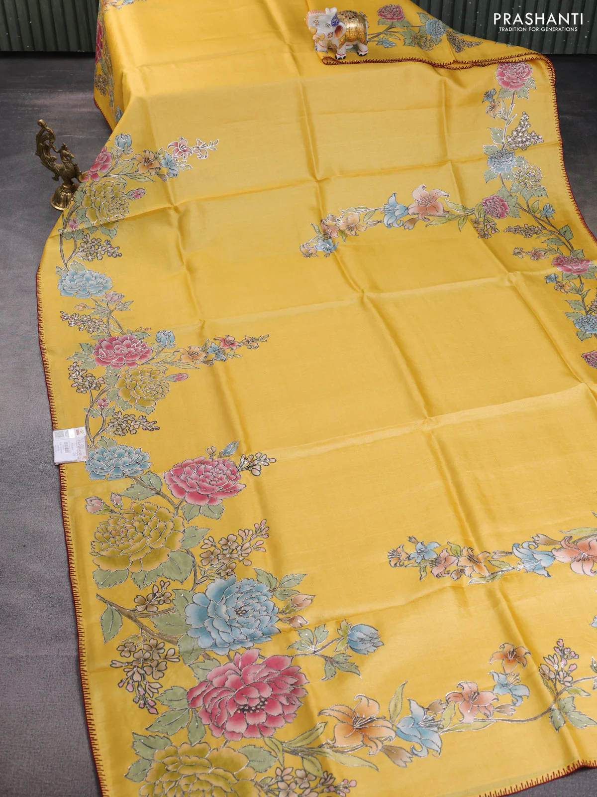 Tussar silk saree yellow with floral hand painted prints & pita work and embroidery border - Image 7