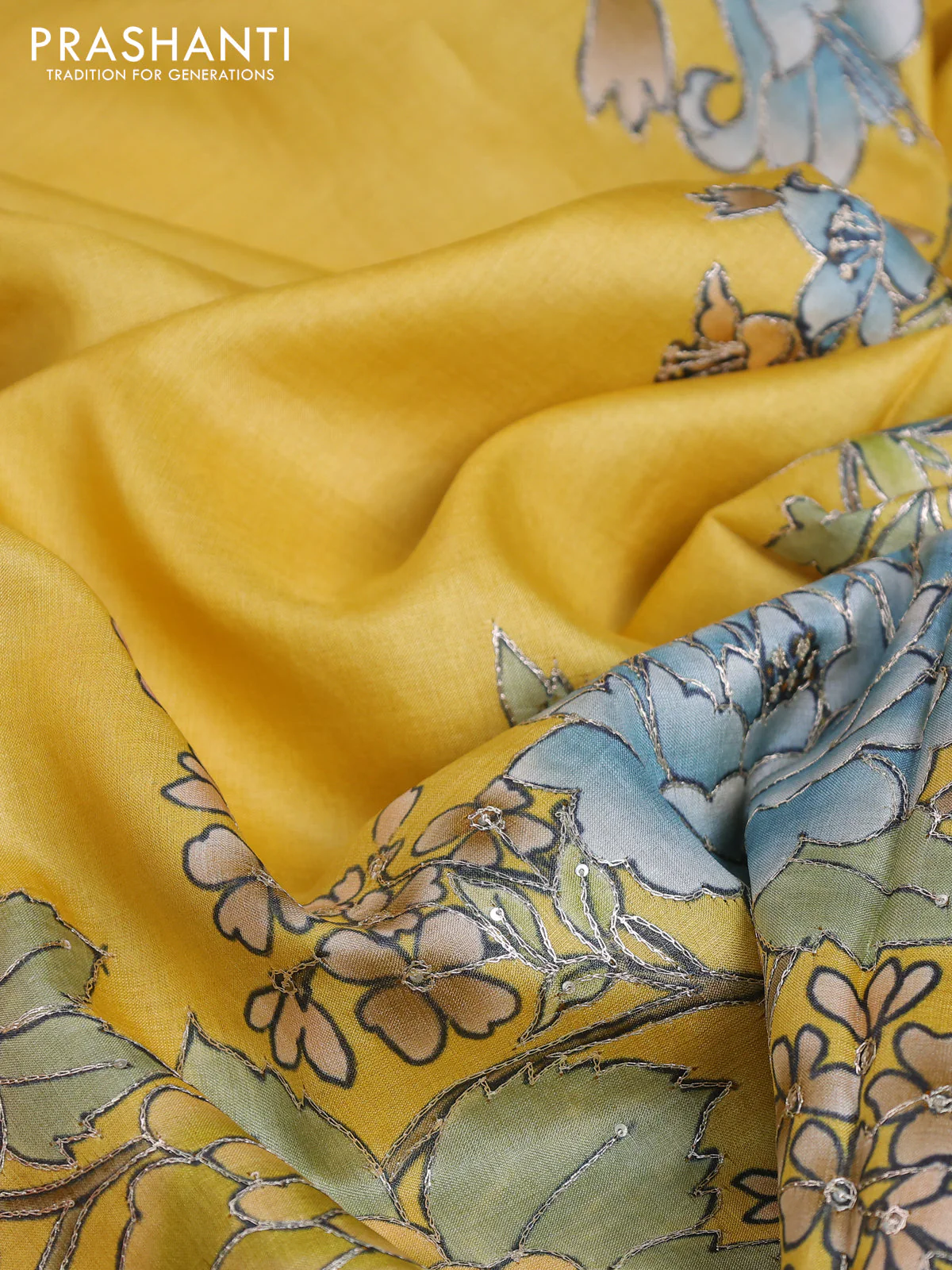 Tussar silk saree yellow with floral hand painted prints & pita work and embroidery border - Image 8