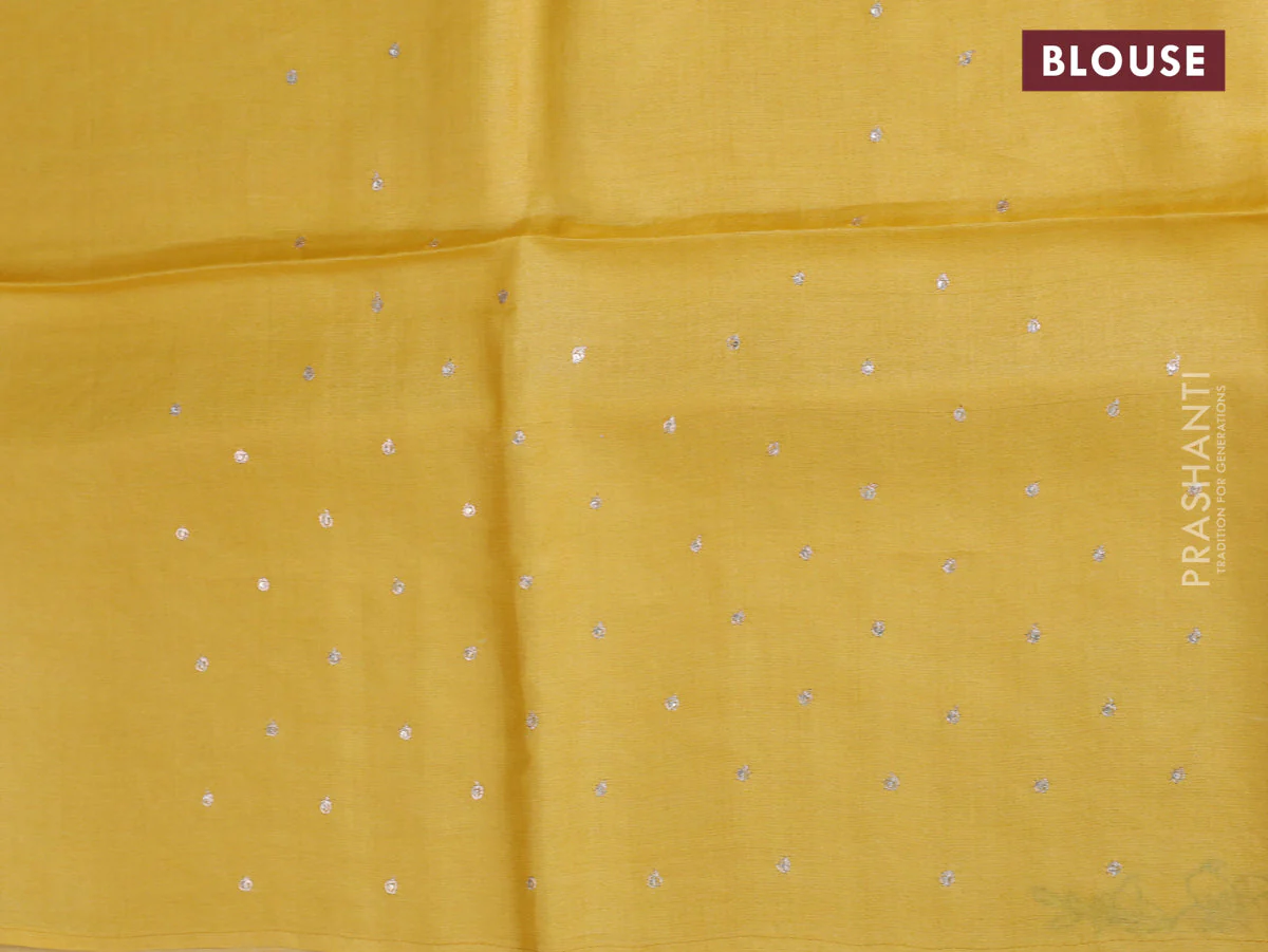 Tussar silk saree yellow with floral hand painted prints & pita work and embroidery border - Image 9