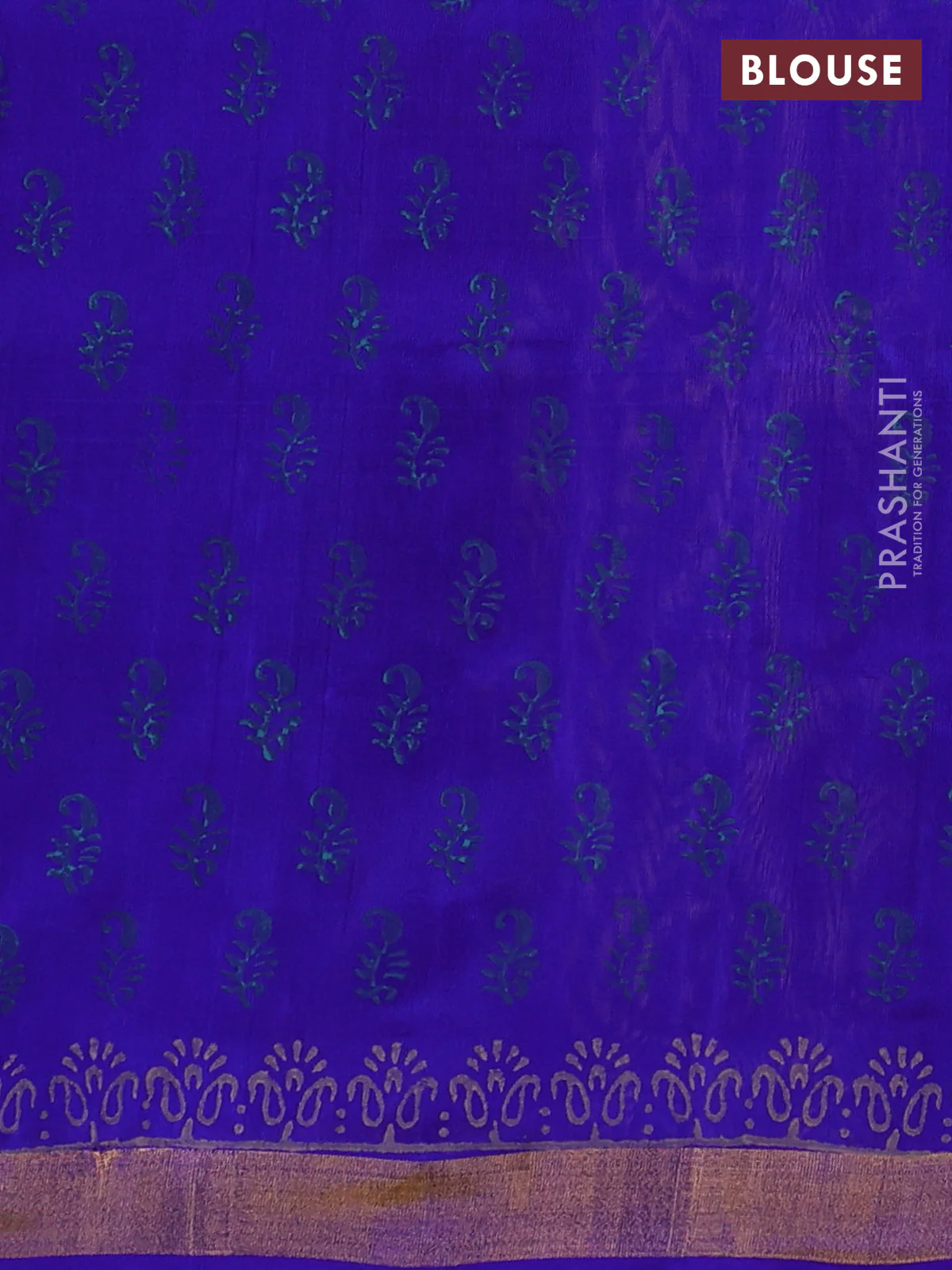 Uppada block printed partly silk saree beige and blue with paisly prints and zari woven border - Image 3