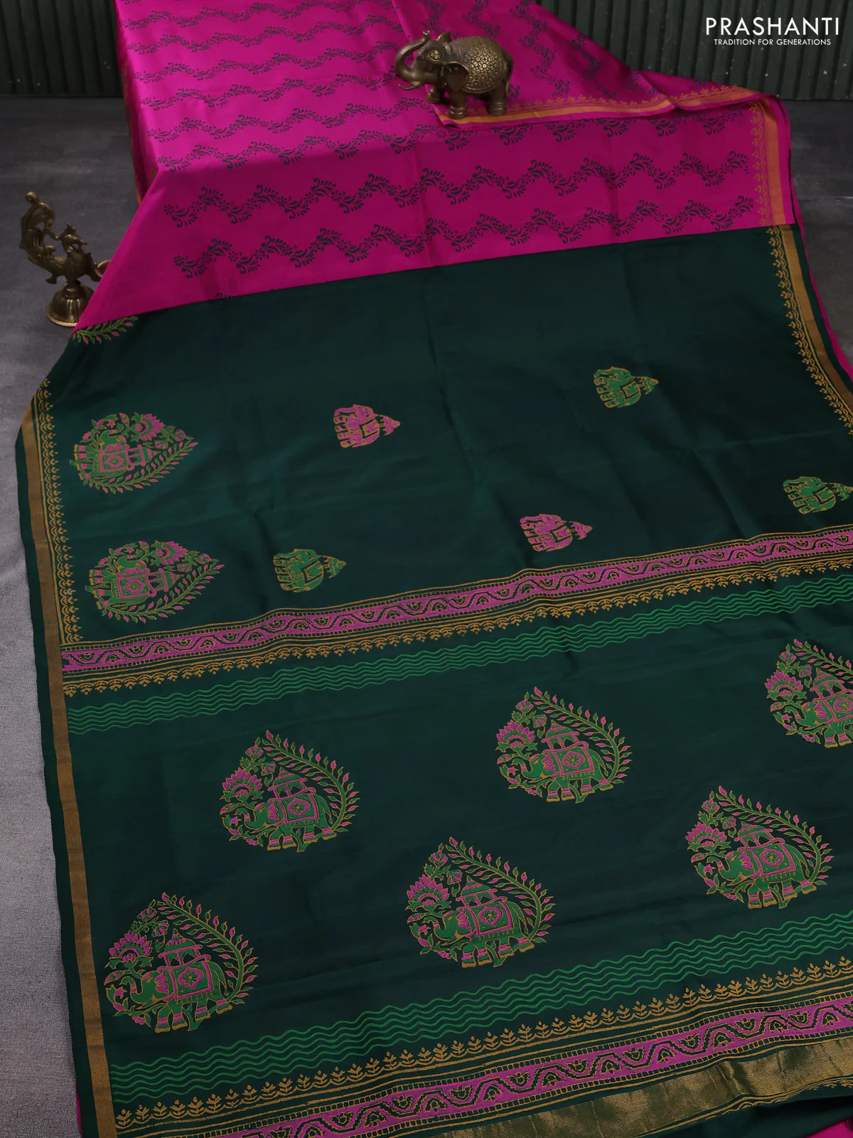 Uppada block printed partly silk saree bottle green and pink with elephant butta prints and zari woven border - Image 2