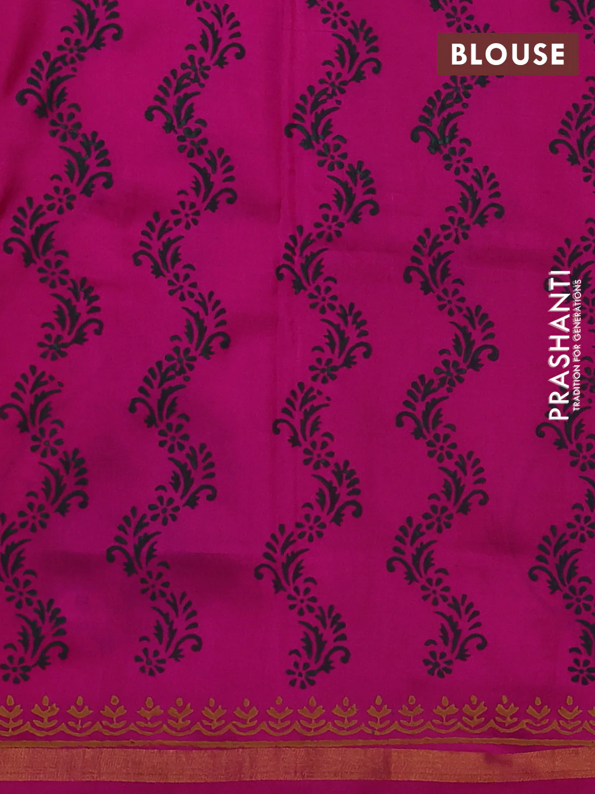 Uppada block printed partly silk saree bottle green and pink with elephant butta prints and zari woven border - Image 3