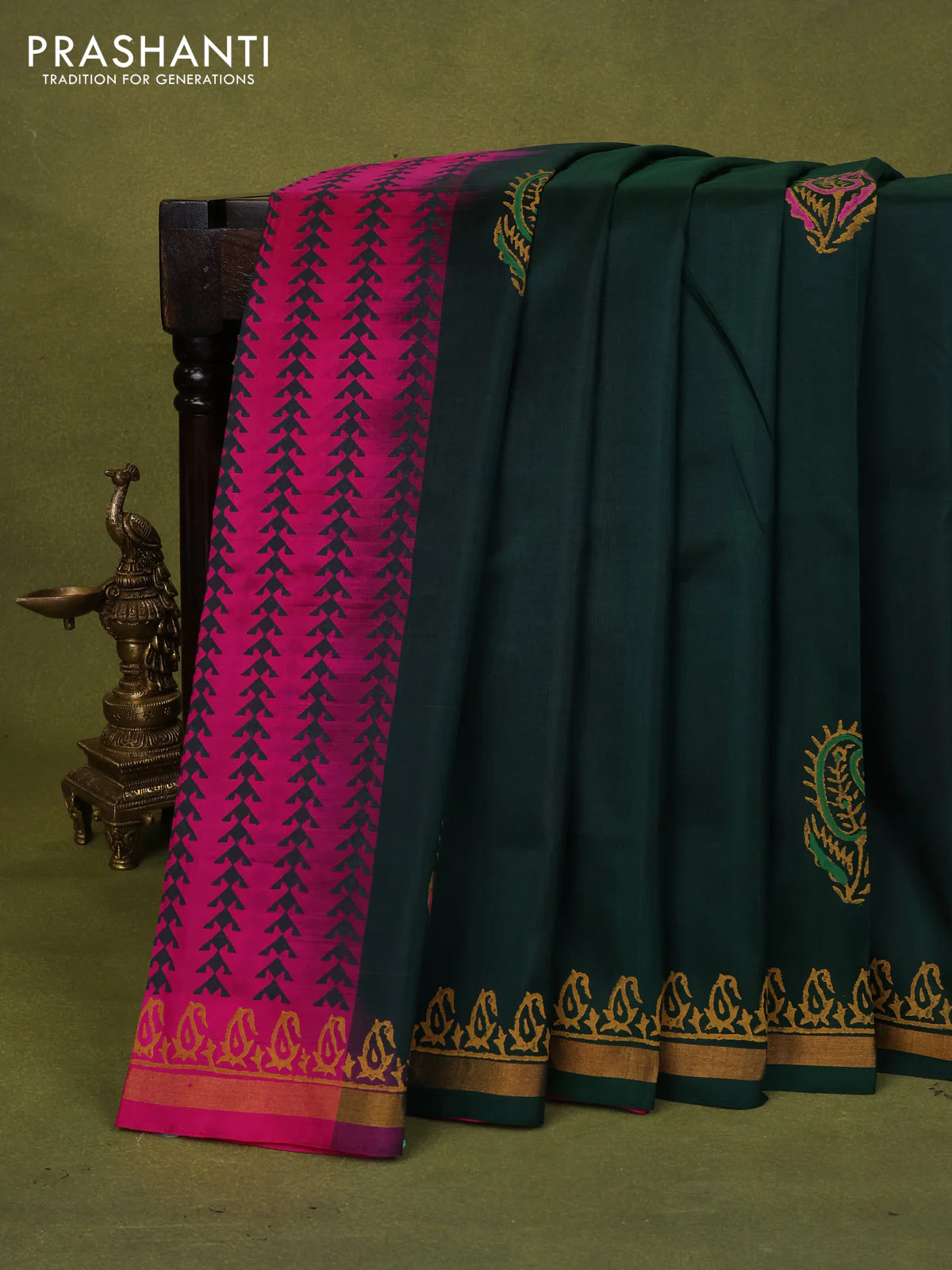 Uppada block printed partly silk saree bottle green and pink with paisley butta prints and zari woven border
