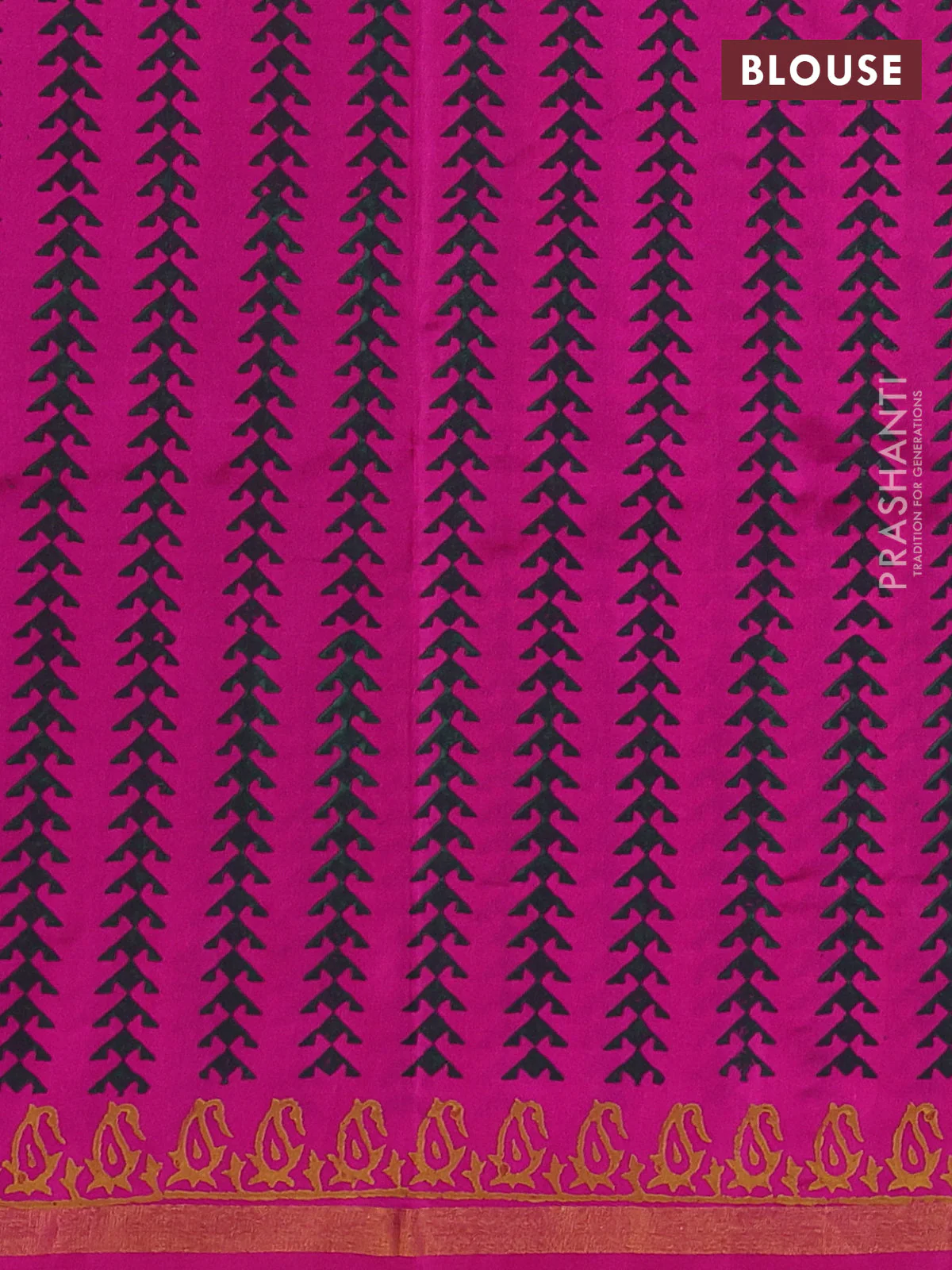 Uppada block printed partly silk saree bottle green and pink with paisley butta prints and zari woven border - Image 3