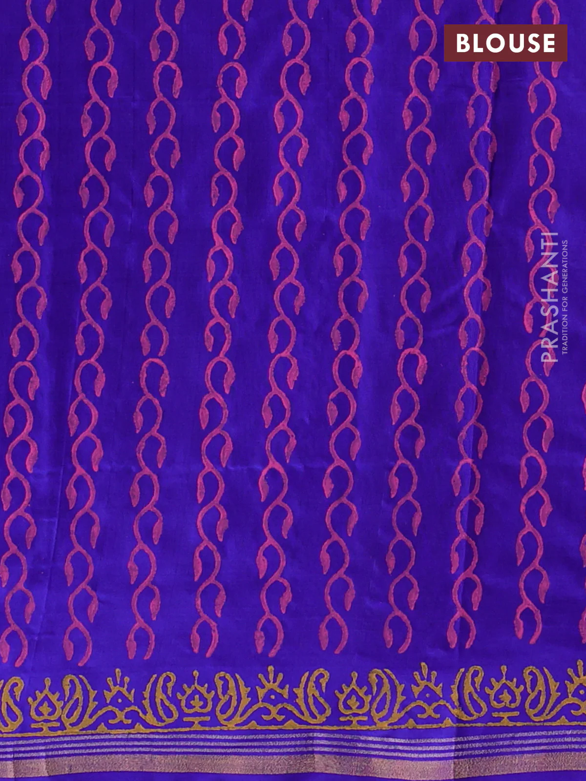 Uppada block printed partly silk saree pink and blue with paisley butta prints and zari woven border - Image 3