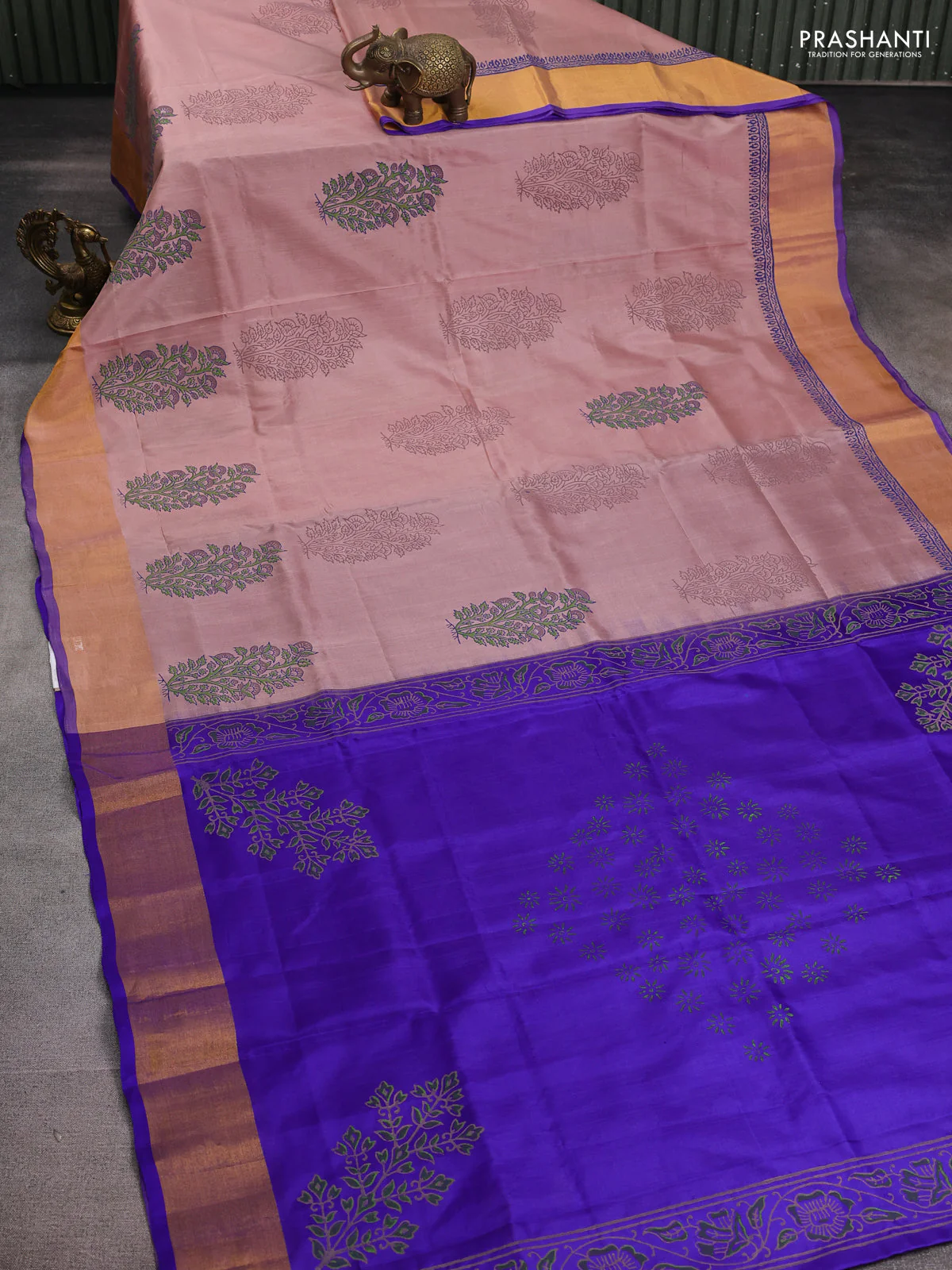 Uppada block printed silk saree beige and blue with allover butta prints and zari woven border - Image 2