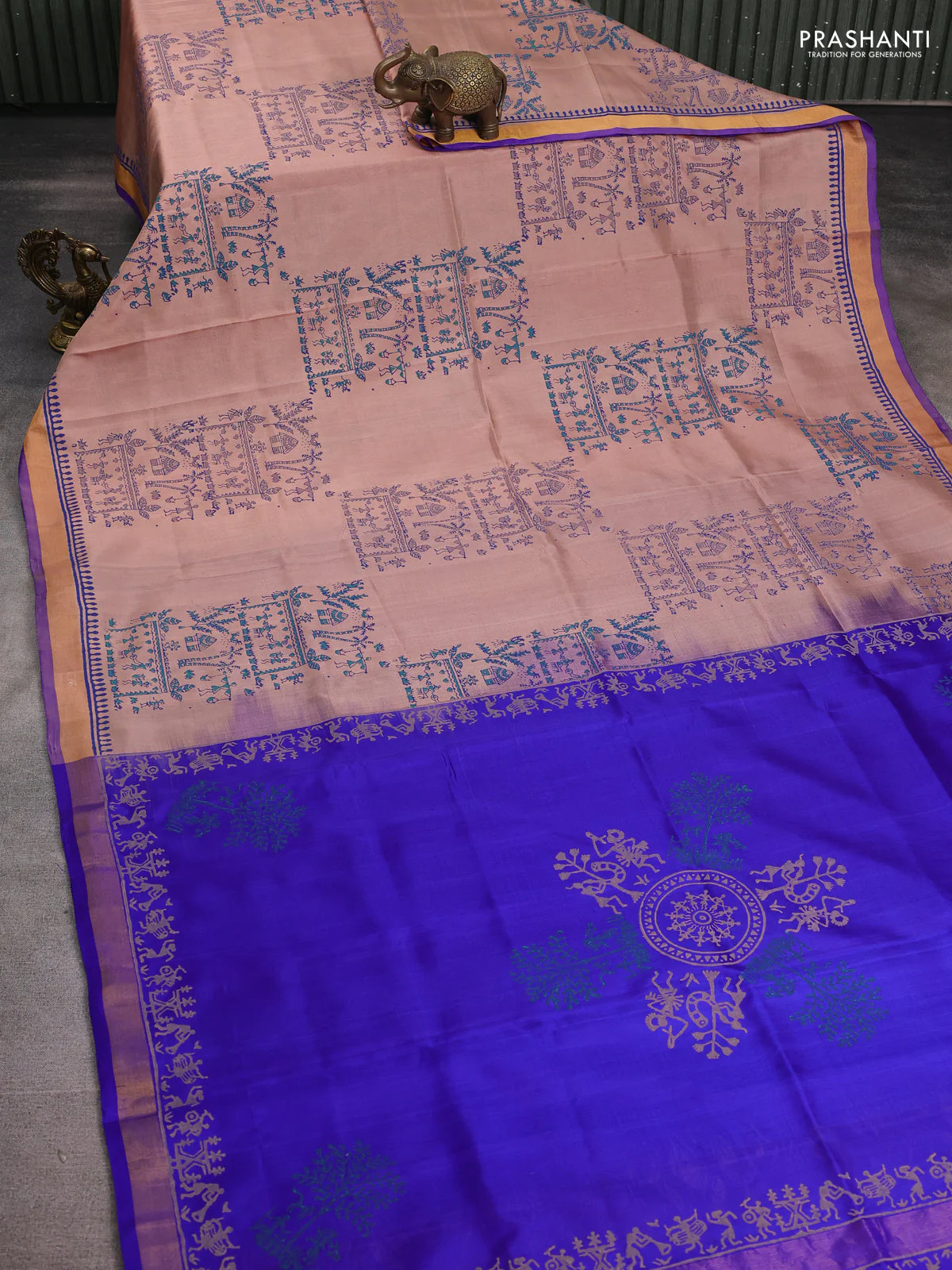 Uppada block printed silk saree beige and blue with warli prints and zari woven border - Image 2