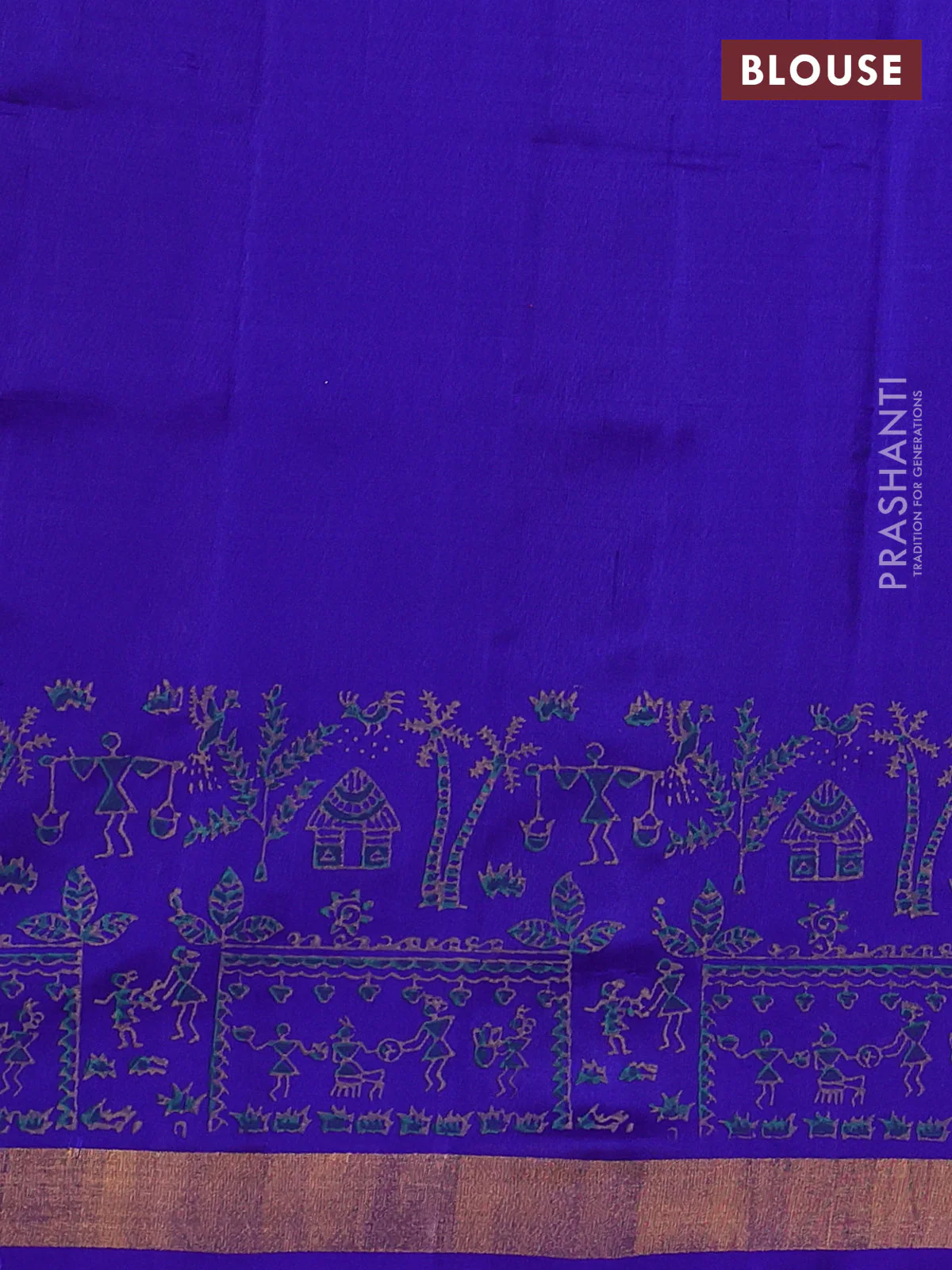Uppada block printed silk saree beige and blue with warli prints and zari woven border - Image 3