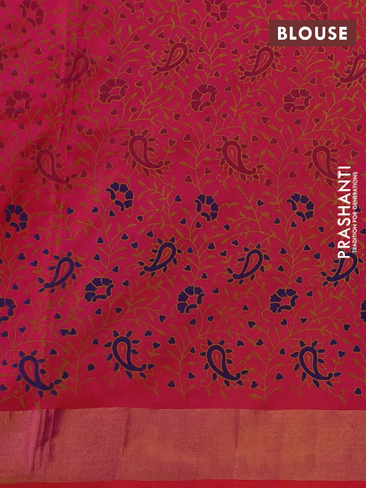 Uppada block printed silk saree blue and dual shade of pinkish orange with paisley butta prints and zari woven border - Image 3