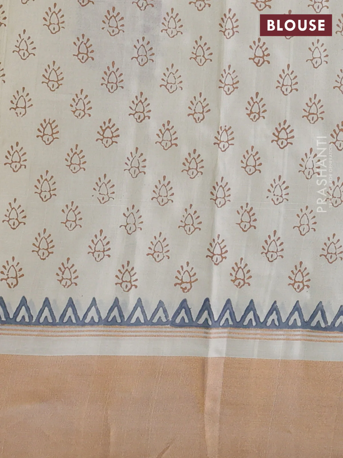 Uppada block printed silk saree cream with floral butta prints and ganga jamuna border - Image 3