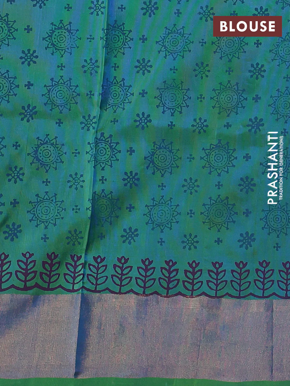 Uppada block printed silk saree cs blue and dual shade of blueish green with floral butta prints and zari woven border - Image 3