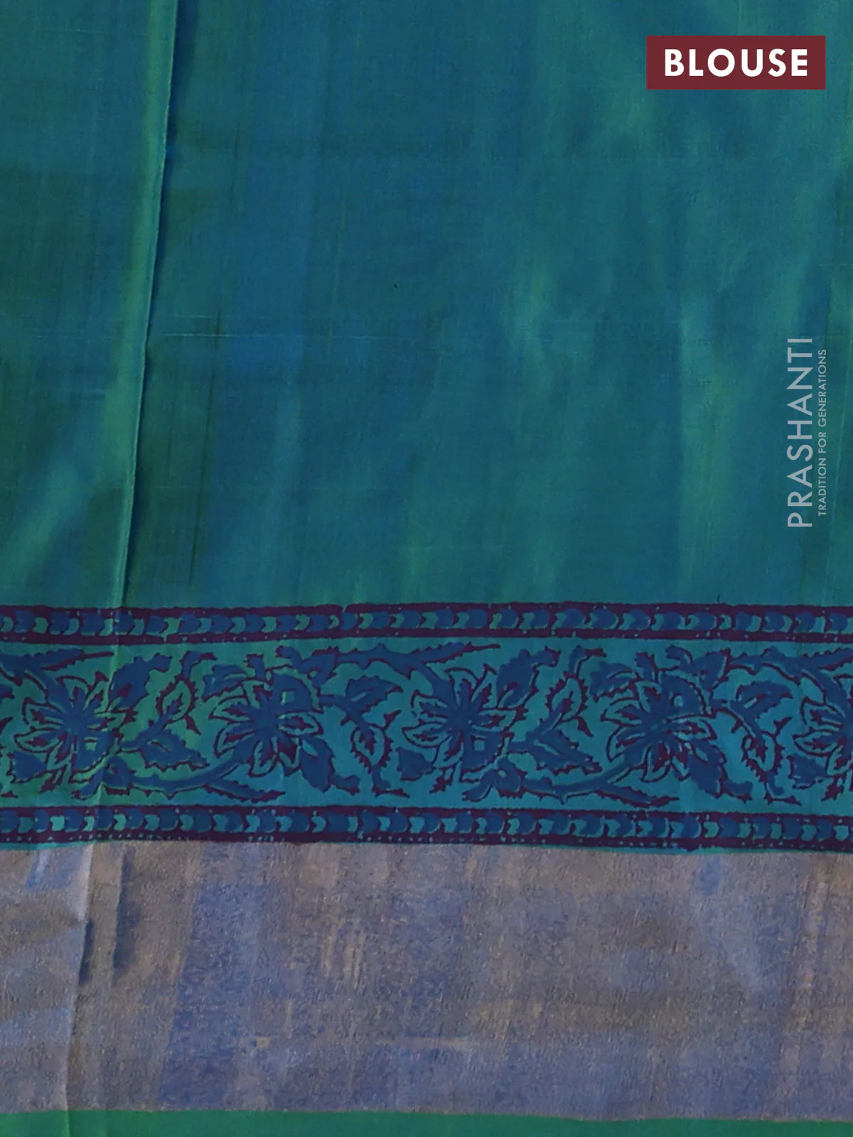 Uppada block printed silk saree cs blue and dual shade of green with allover floral butta prints and zari woven border - Image 3