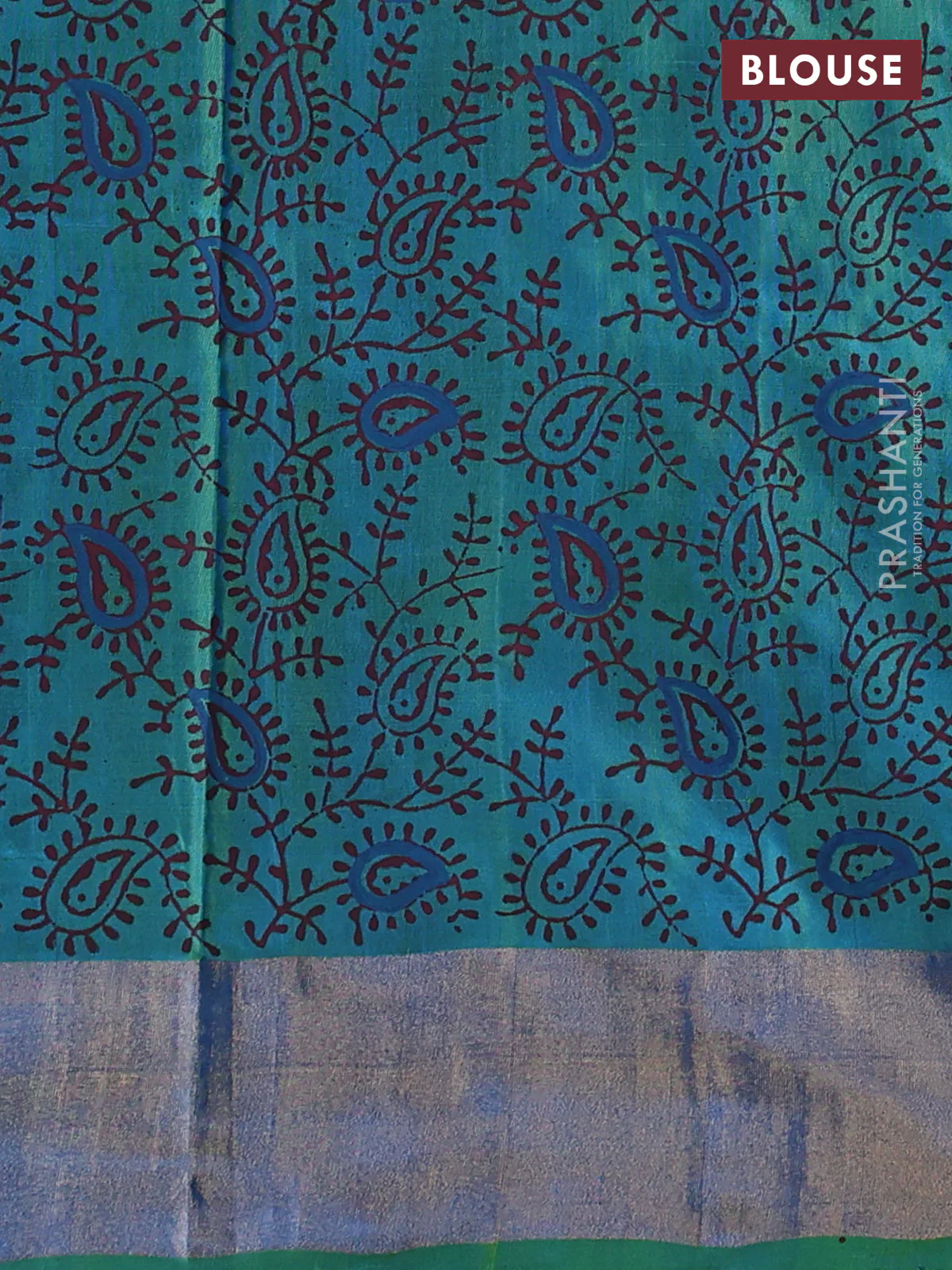 Uppada block printed silk saree cs blue and light green with paisly prints and zari woven border - Image 3