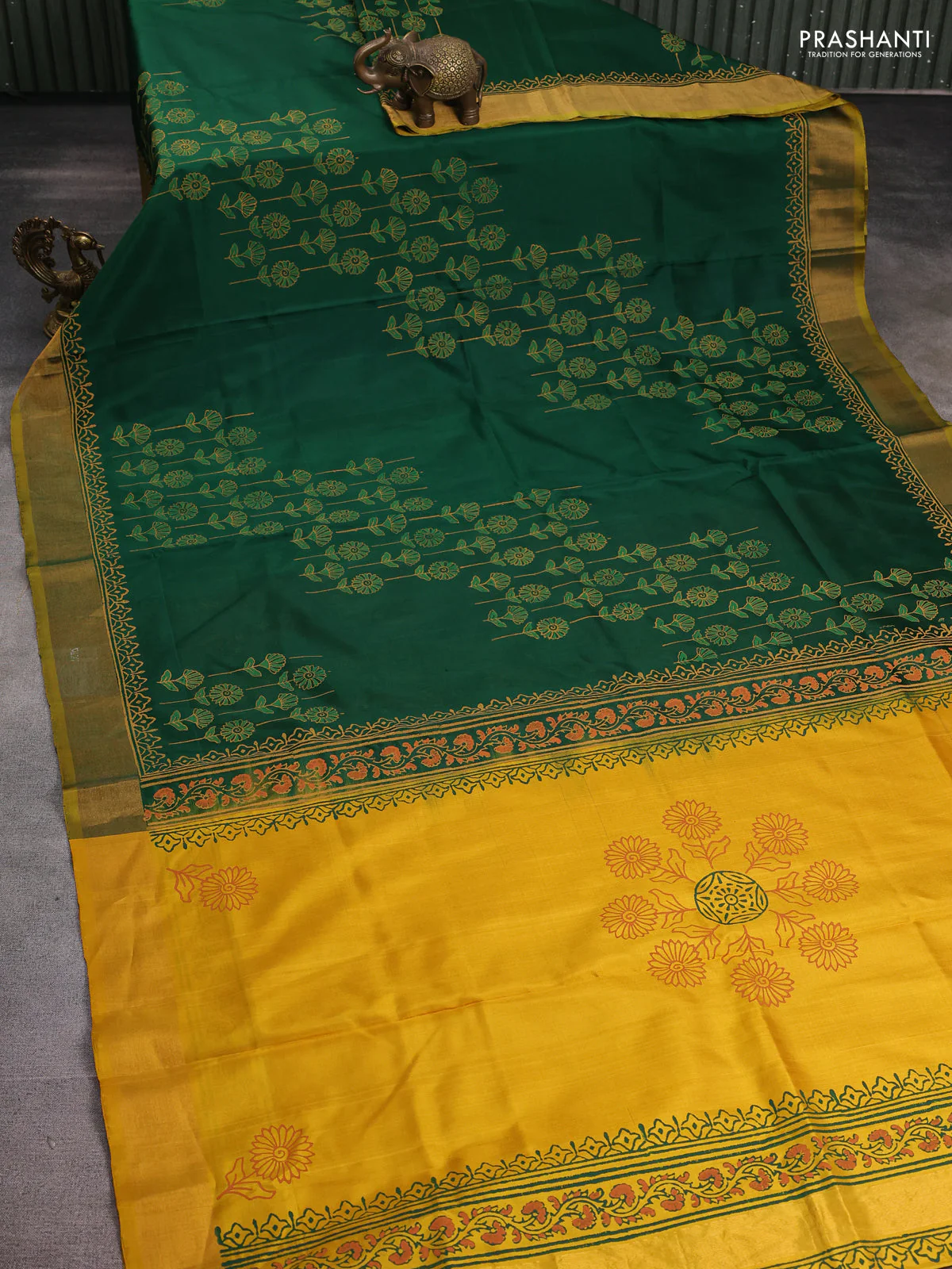 Uppada block printed silk saree green and mustard yellow with allover floral butta prints and zari woven border - Image 2