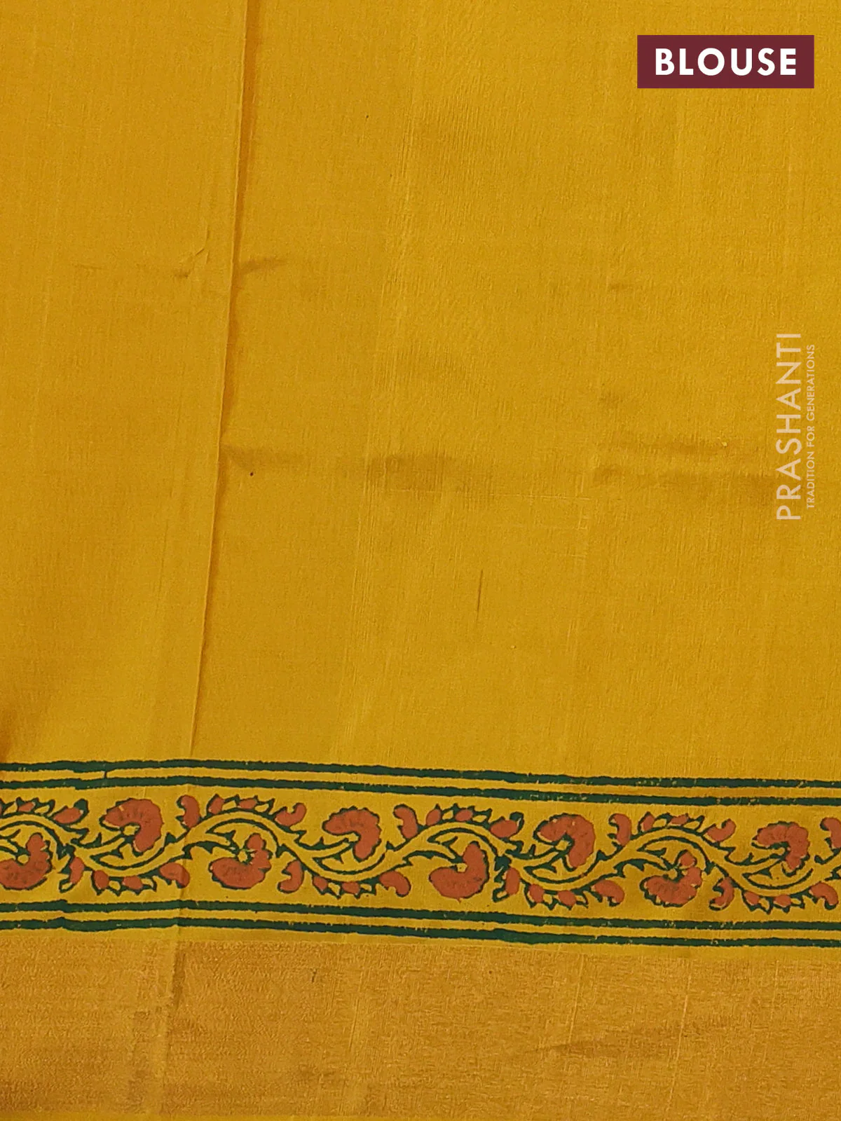 Uppada block printed silk saree green and mustard yellow with allover floral butta prints and zari woven border - Image 3