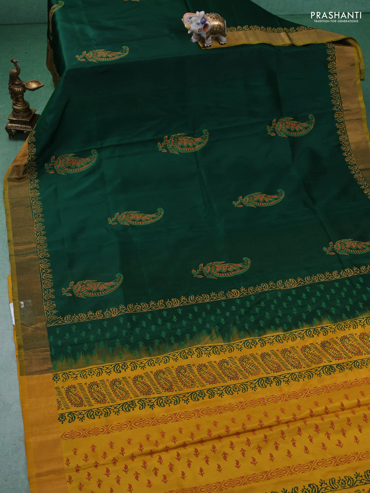 Uppada block printed silk saree green and mustard yellow with paisley butta prints and zari woven border - Image 2