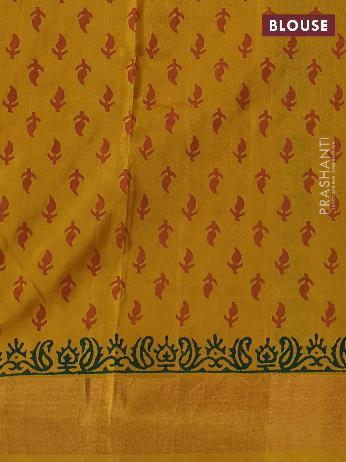 Uppada block printed silk saree green and mustard yellow with paisley butta prints and zari woven border - Image 3