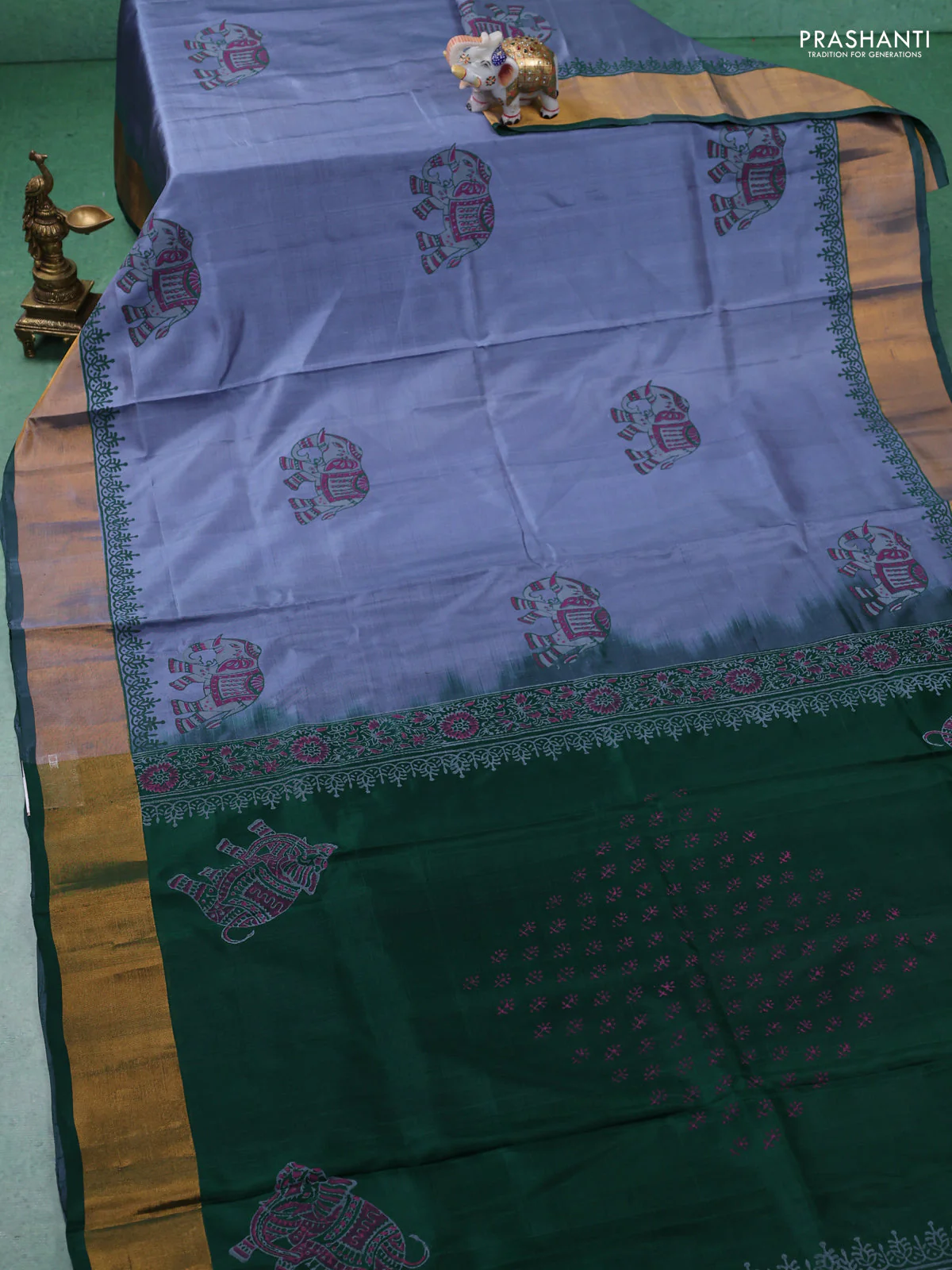 Uppada block printed silk saree grey and green with elephant butta prints and zari woven border - Image 2