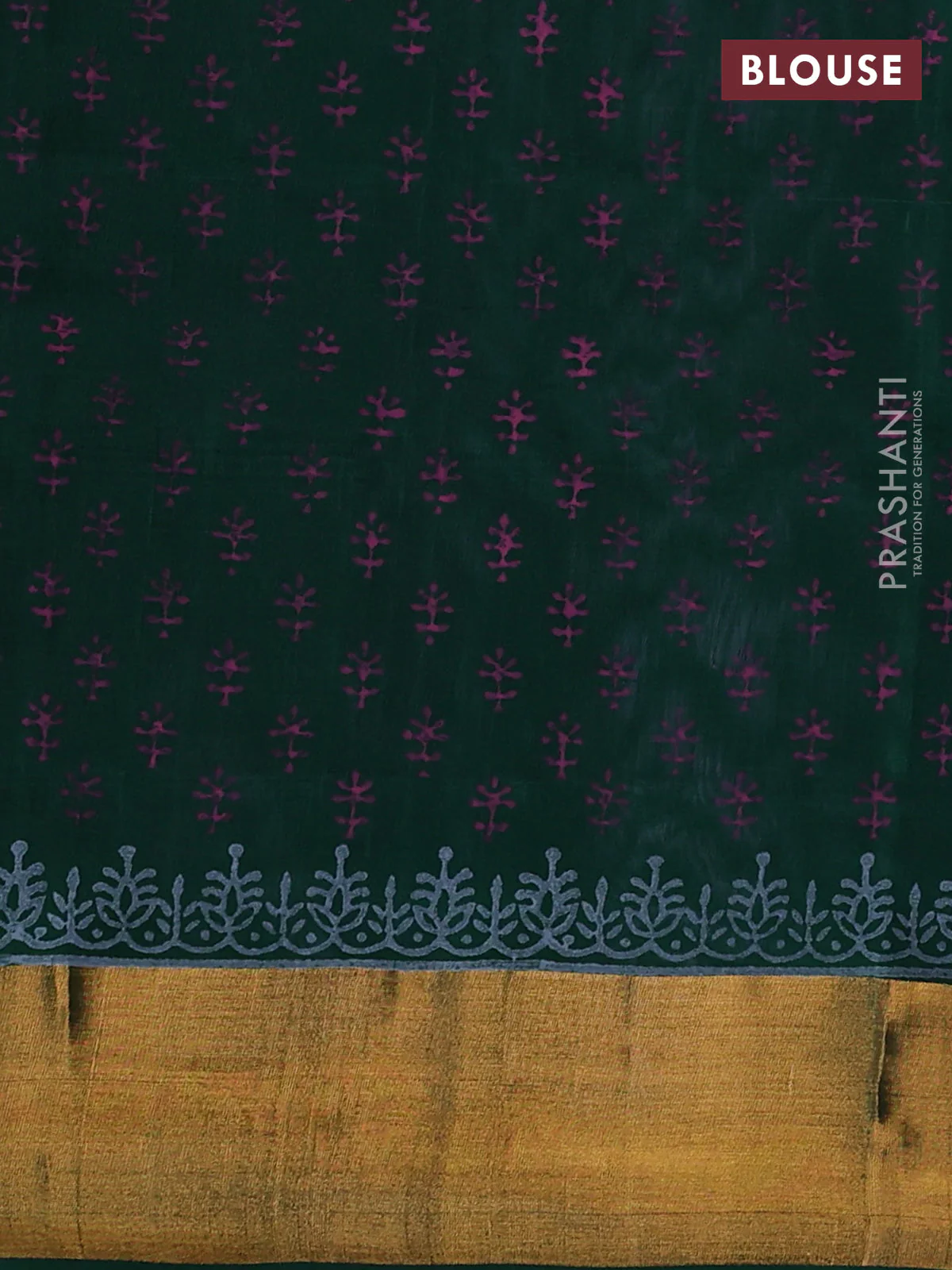 Uppada block printed silk saree grey and green with elephant butta prints and zari woven border - Image 3
