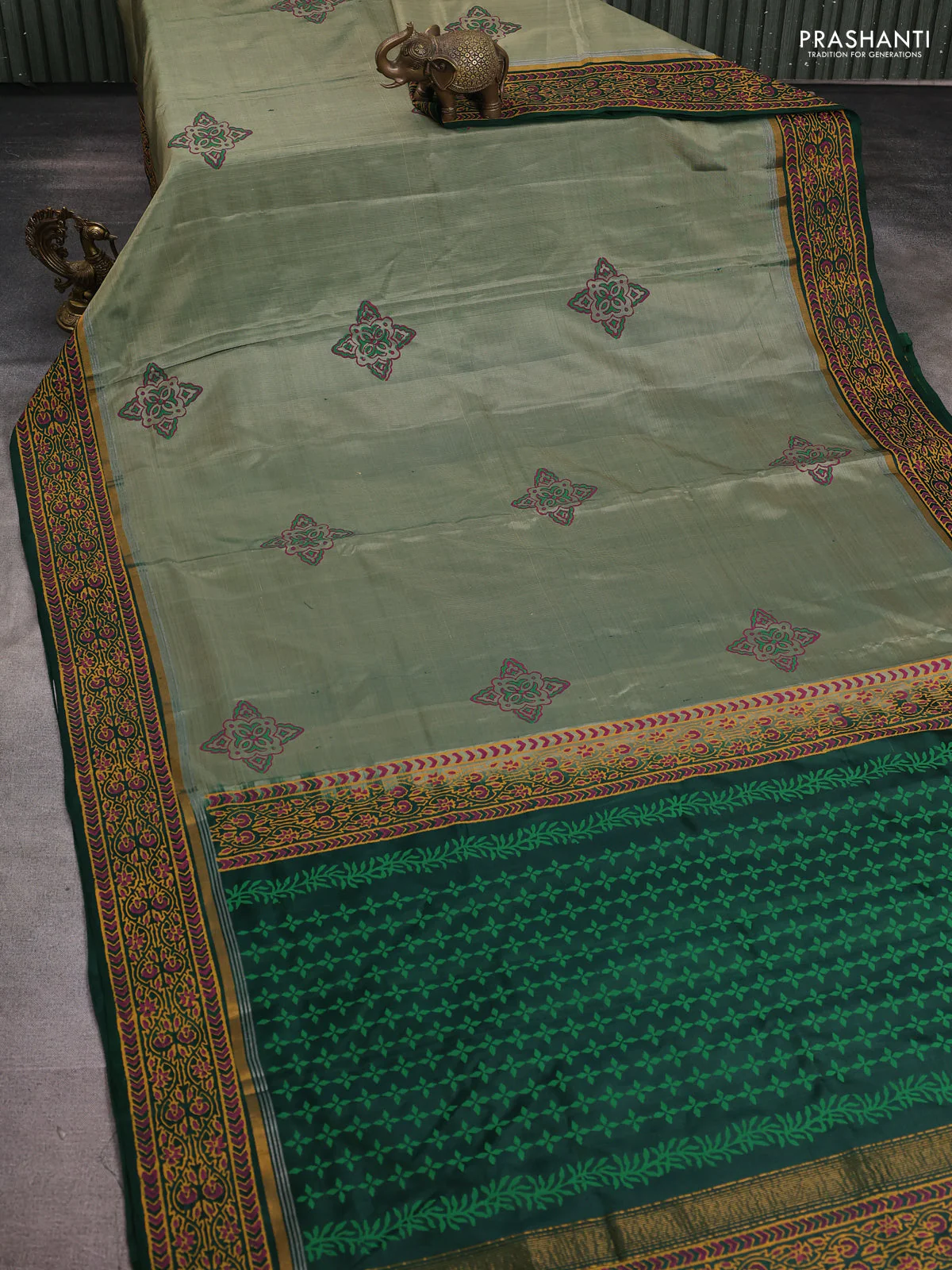 Uppada block printed silk saree pastel green and bottle green with allover prints and zari printed border - Image 2