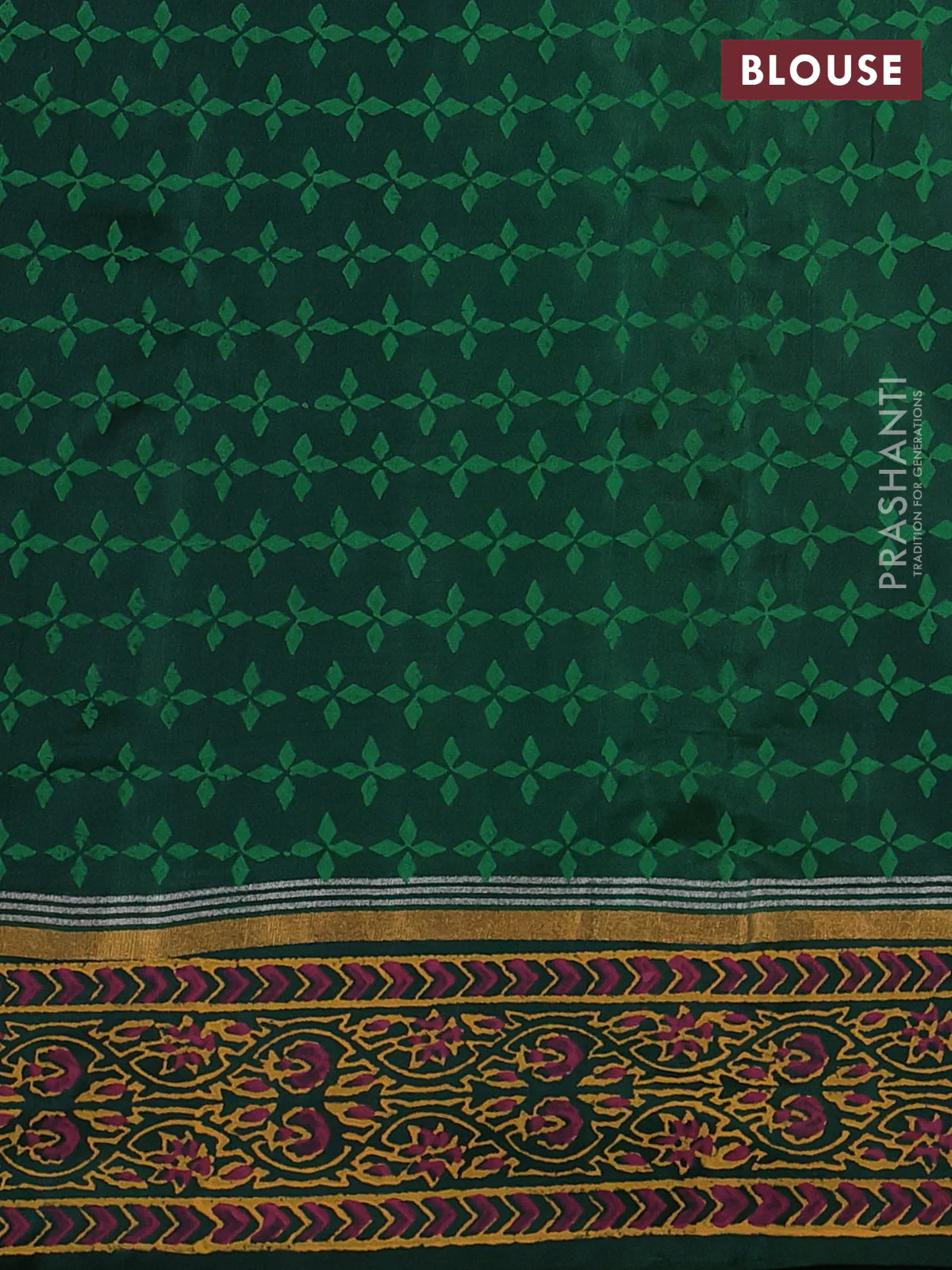 Uppada block printed silk saree pastel green and bottle green with allover prints and zari printed border - Image 3