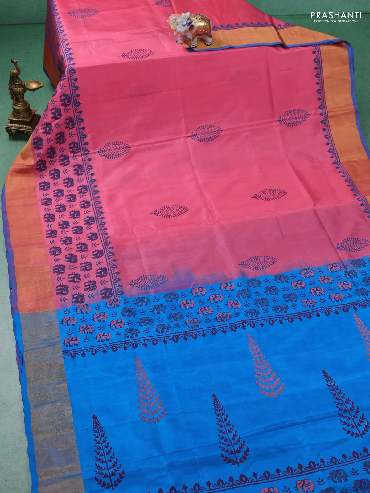 Uppada block printed silk saree peach pink and cs blue with butta prints and zari woven border - Image 2