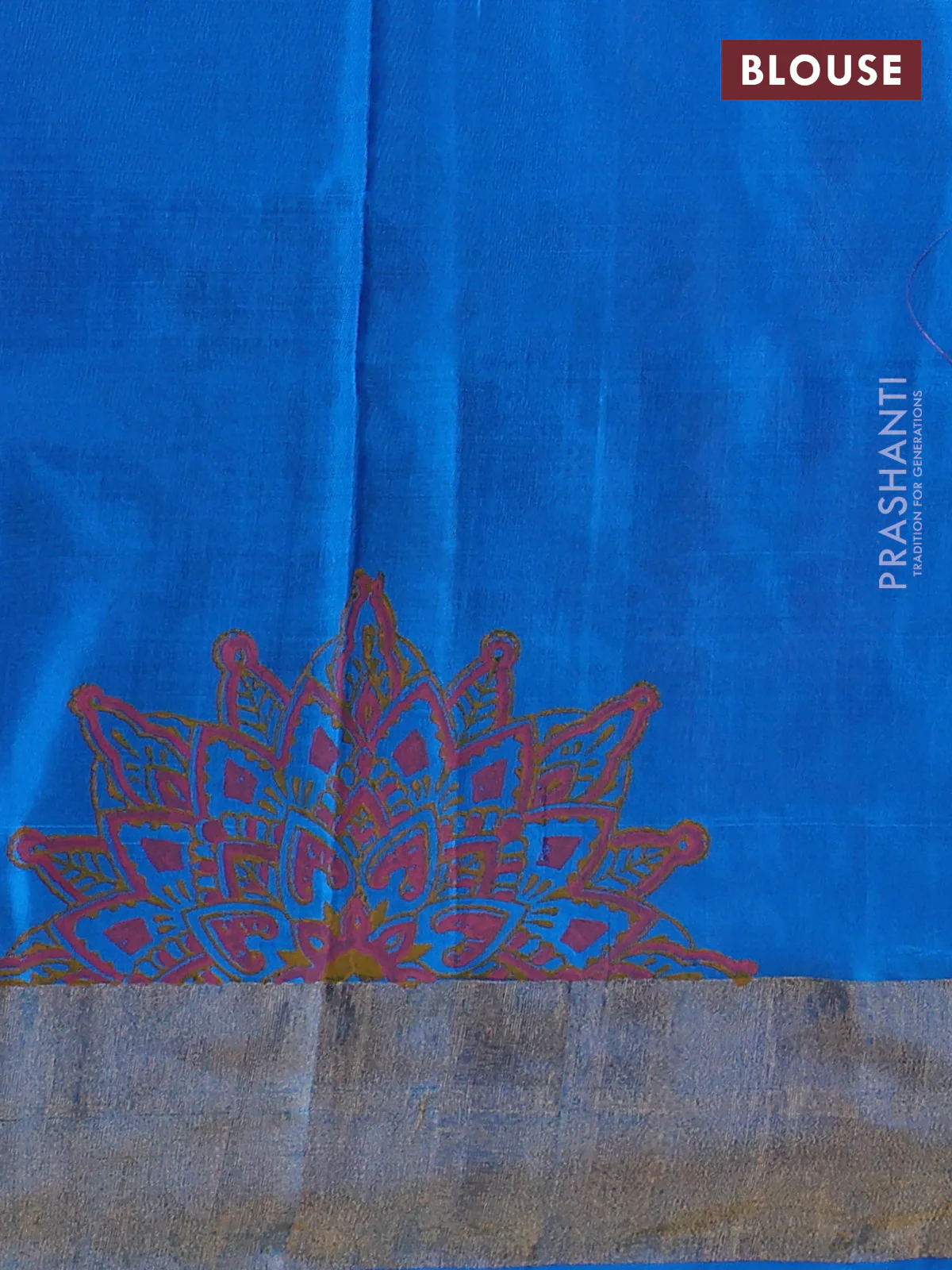 Uppada block printed silk saree peach pink and cs blue with floral prints and zari woven border - Image 3