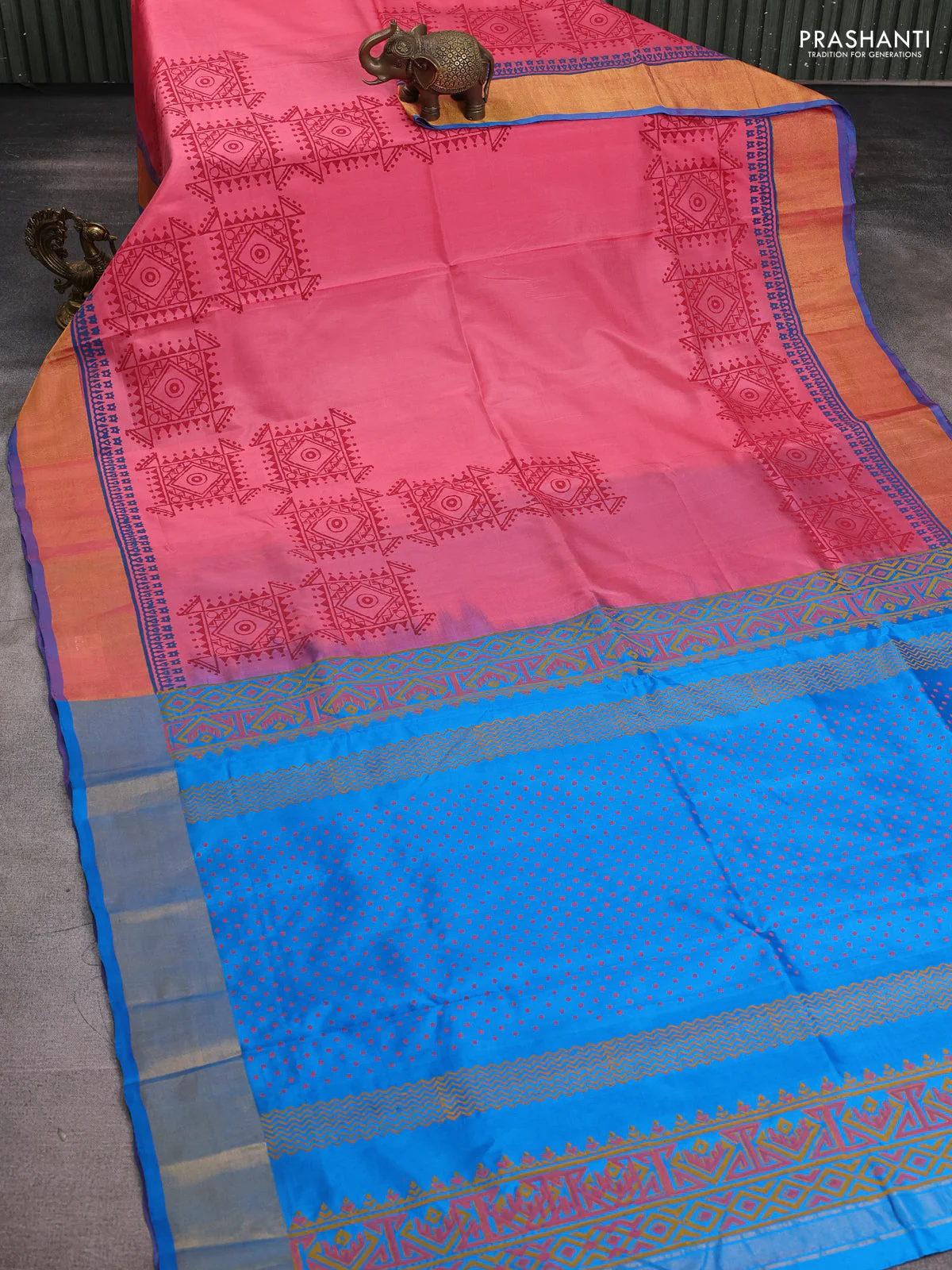 Uppada block printed silk saree peach pink and cs blue with geometric prints and zari woven border - Image 2