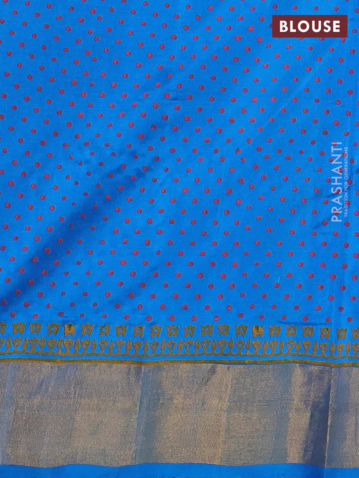 Uppada block printed silk saree peach pink and cs blue with geometric prints and zari woven border - Image 3