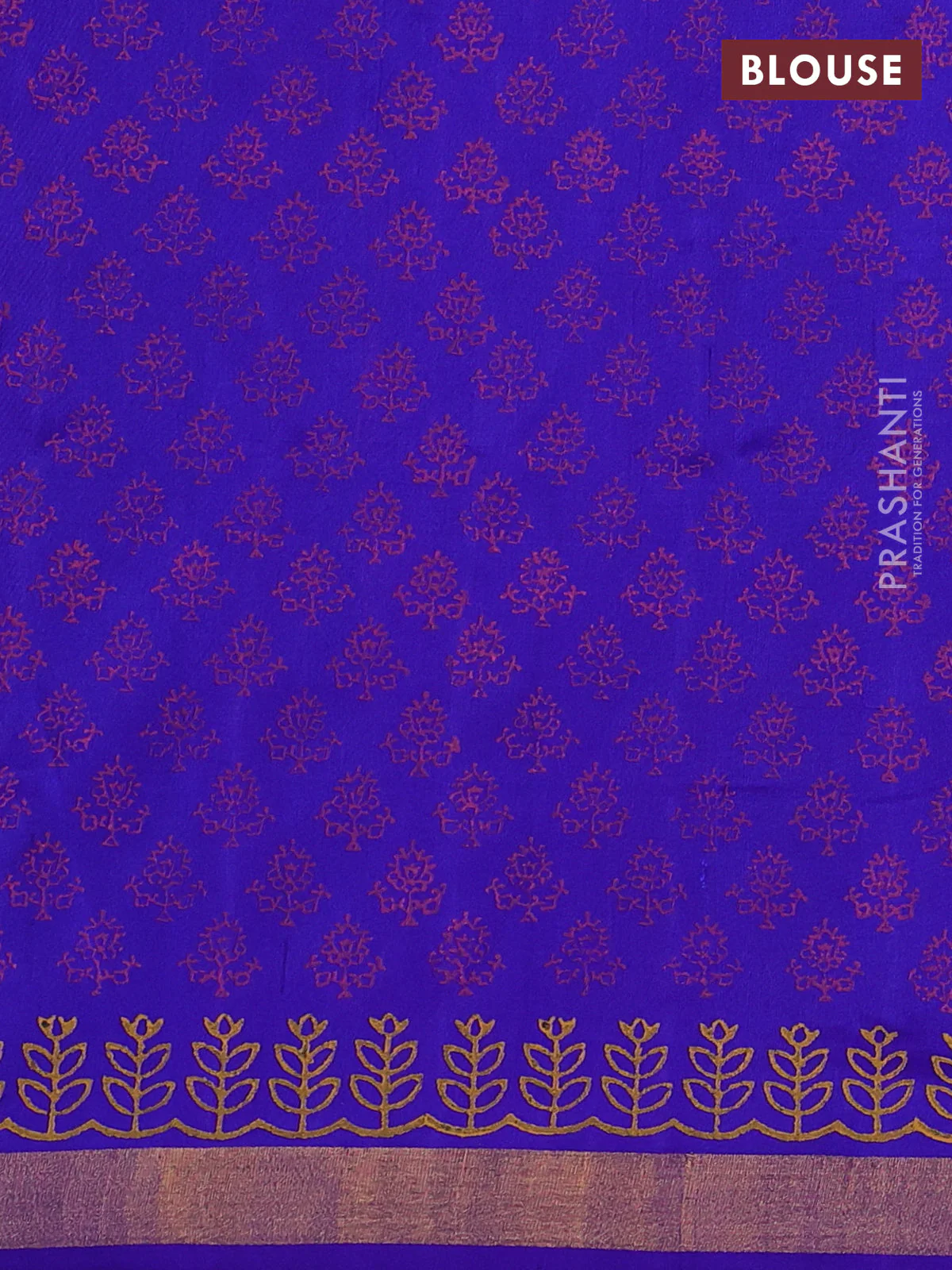 Uppada block printed silk saree pink and blue with floral butta prints and zari woven border - Image 3
