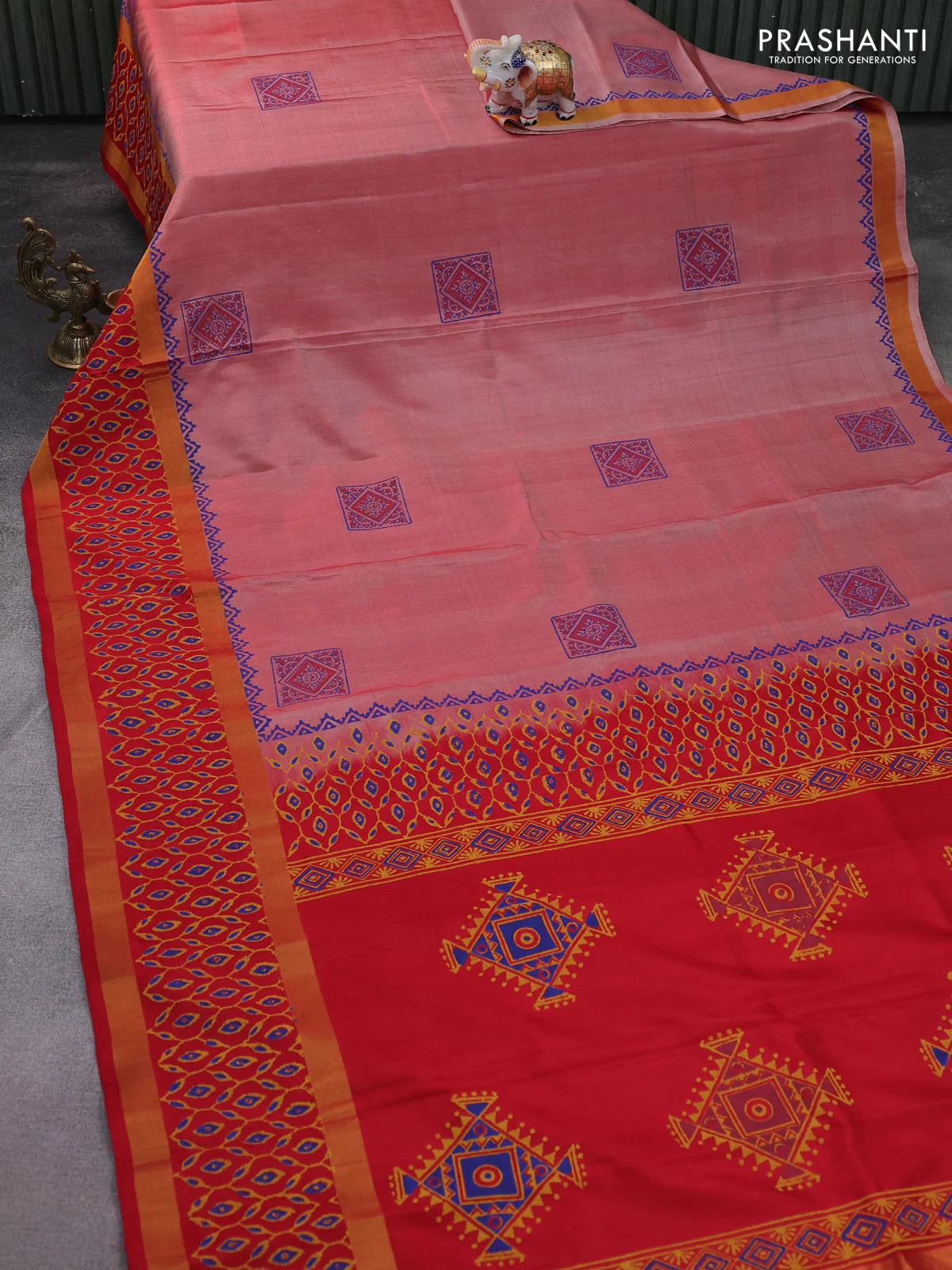 Uppada block printed silk saree red shade and red with butta prints and long zari woven printed border - Image 2
