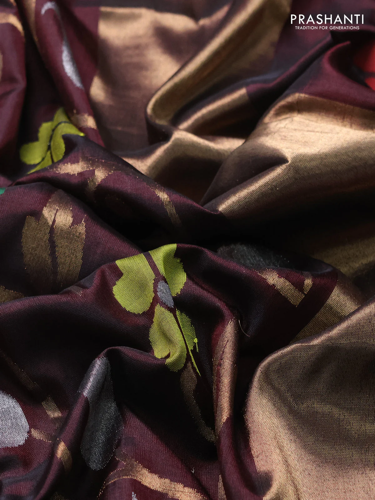 Uppada jamdhani silk saree coffee brown and maroon with allover floral jamdhani weaves and zari woven border - Image 3
