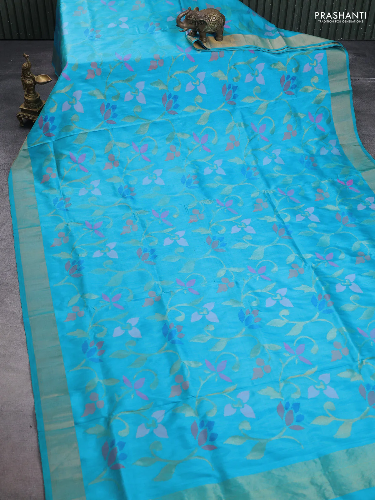 Uppada jamdhani silk saree teal blue with allover floral jamdhani weaves and zari woven border - Image 2