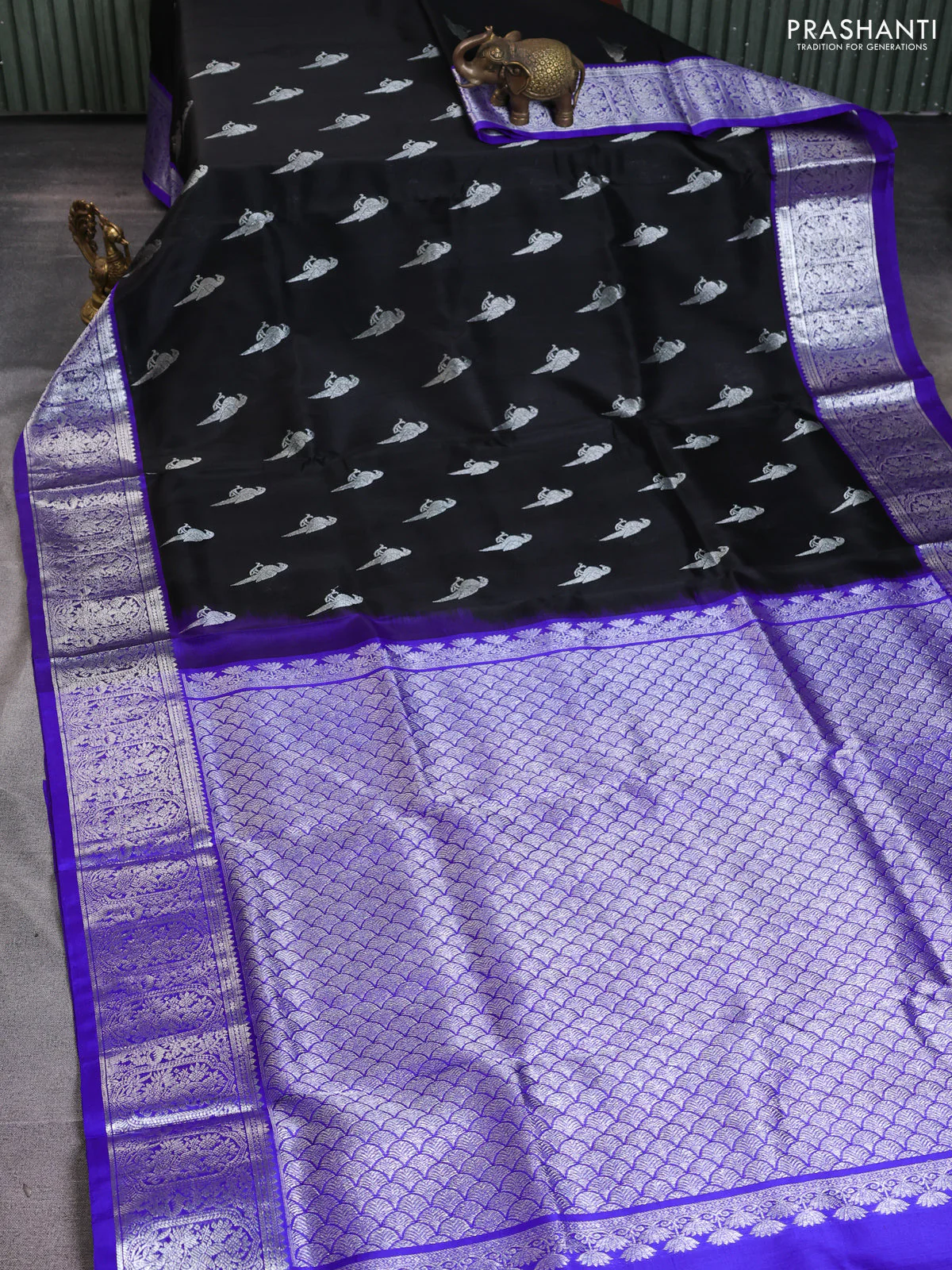 Venkatagiri silk saree black and blue with silver zari woven buttas and silver zari woven border - Image 2