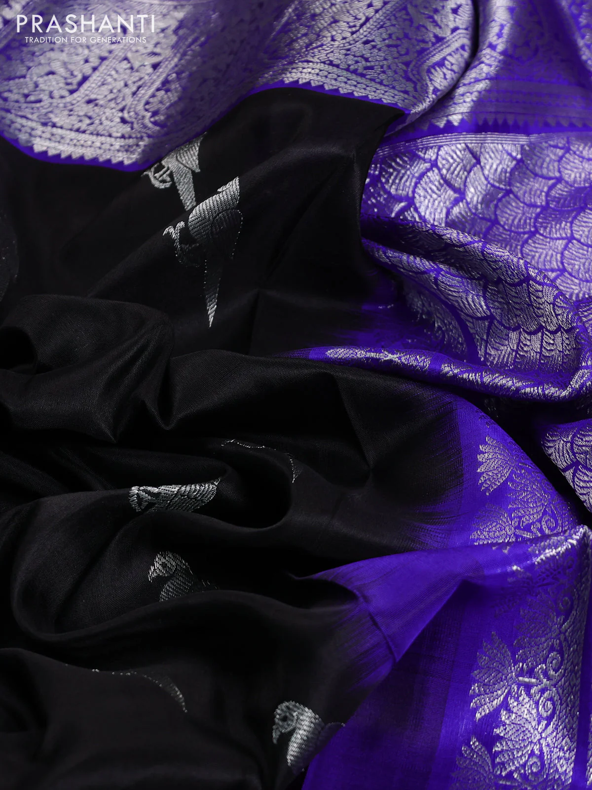 Venkatagiri silk saree black and blue with silver zari woven buttas and silver zari woven border - Image 3