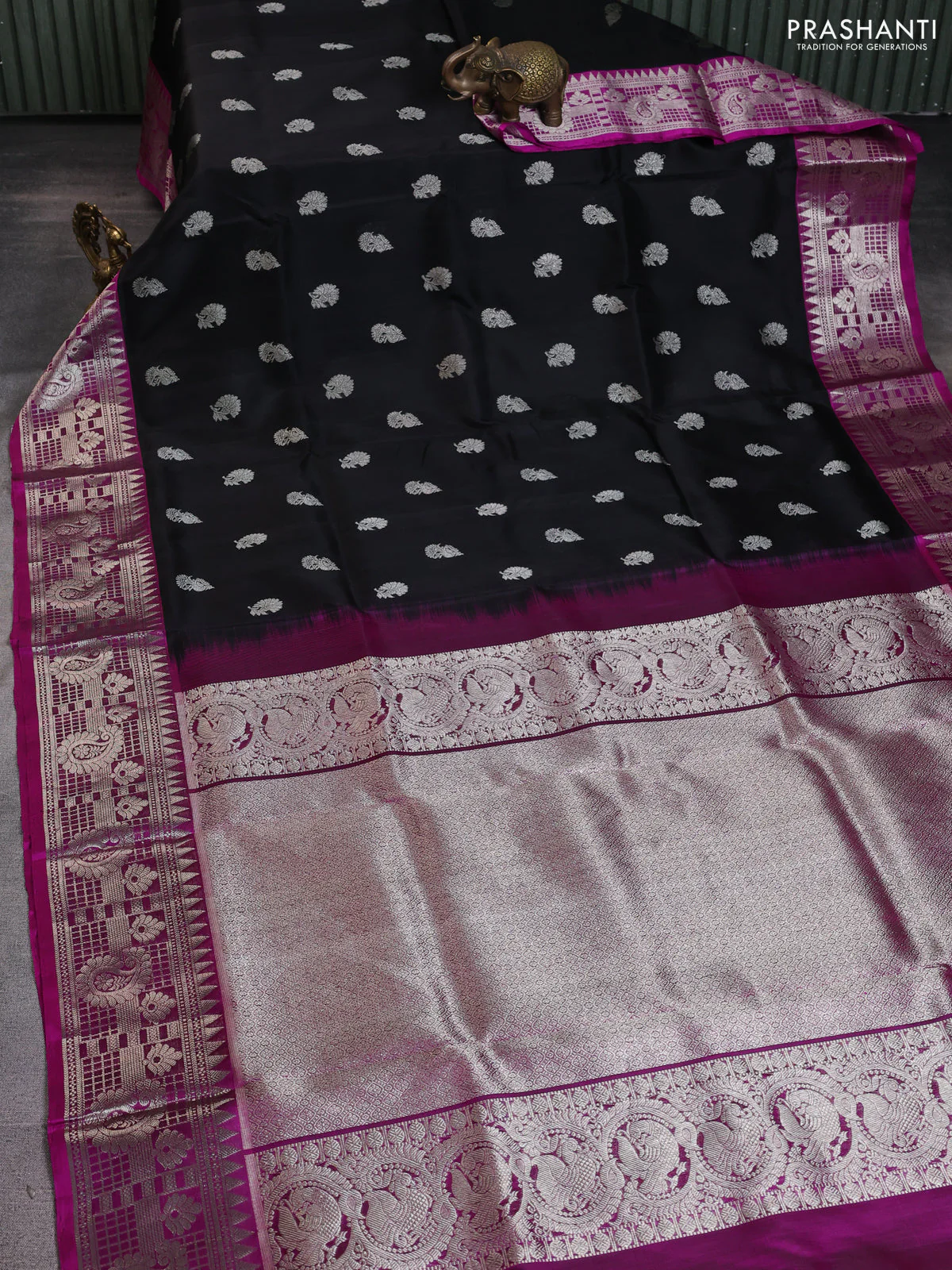 Venkatagiri silk saree black and purple with silver zari woven buttas and silver zari woven border - Image 2