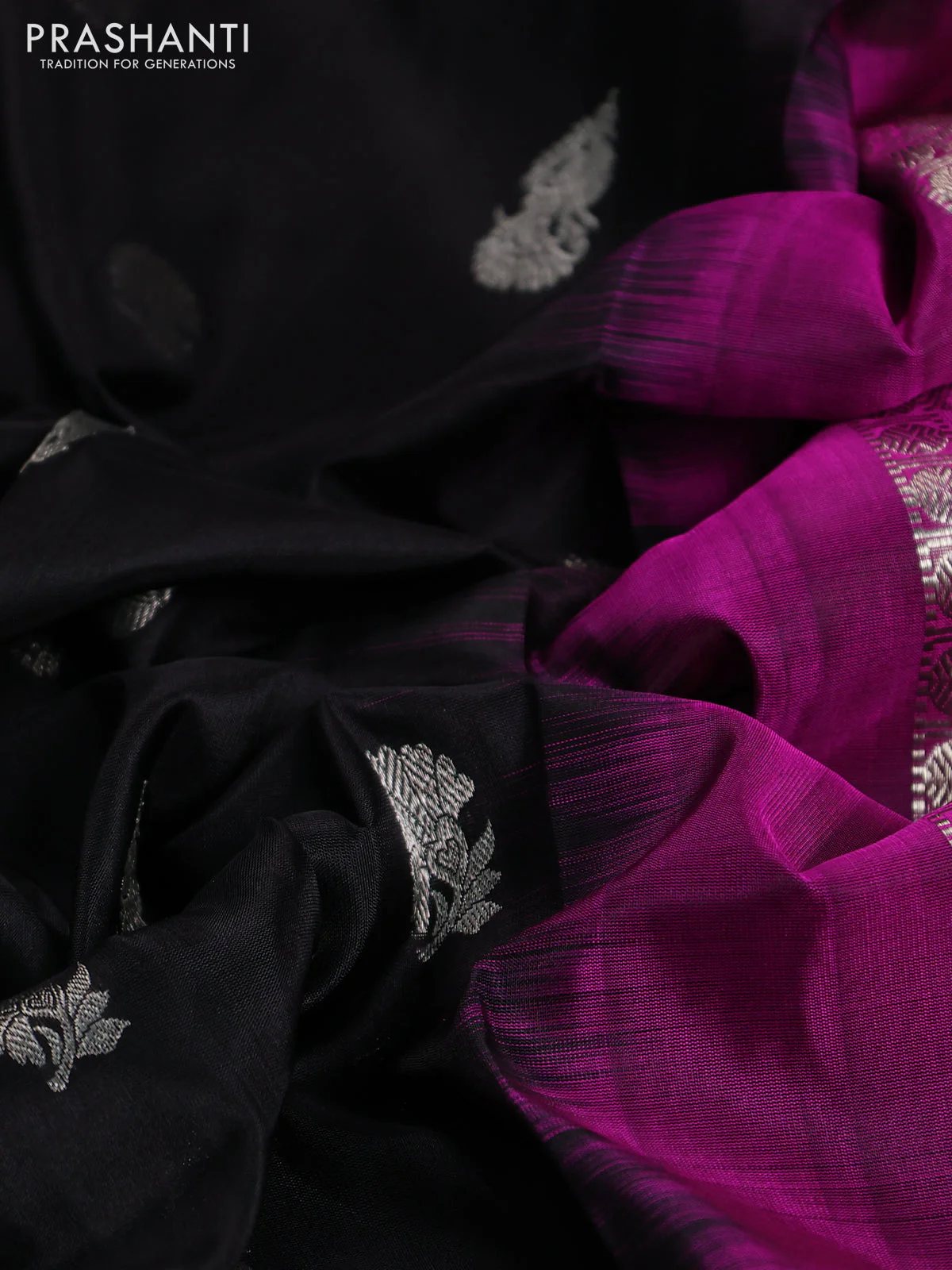 Venkatagiri silk saree black and purple with silver zari woven buttas and silver zari woven border - Image 3
