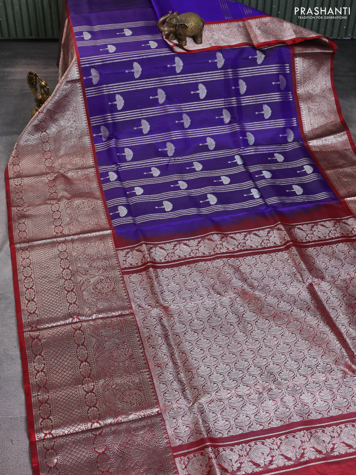 Venkatagiri silk saree blue and maroon with allover silver zari weaves and long silver zari woven border - Image 2