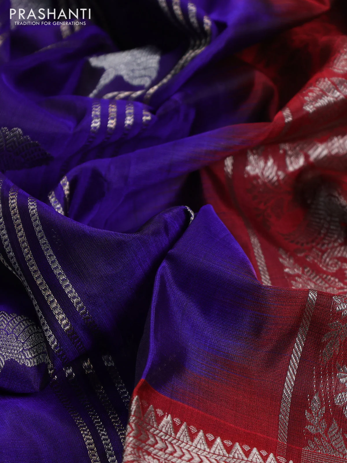 Venkatagiri silk saree blue and maroon with allover silver zari weaves and long silver zari woven border - Image 3