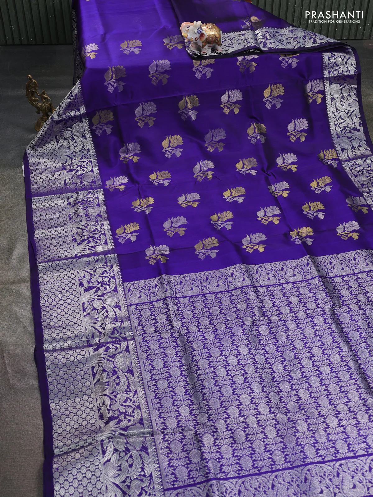 Venkatagiri silk saree blue with silver & gold zari woven buttas and long silver zari woven border - Image 2