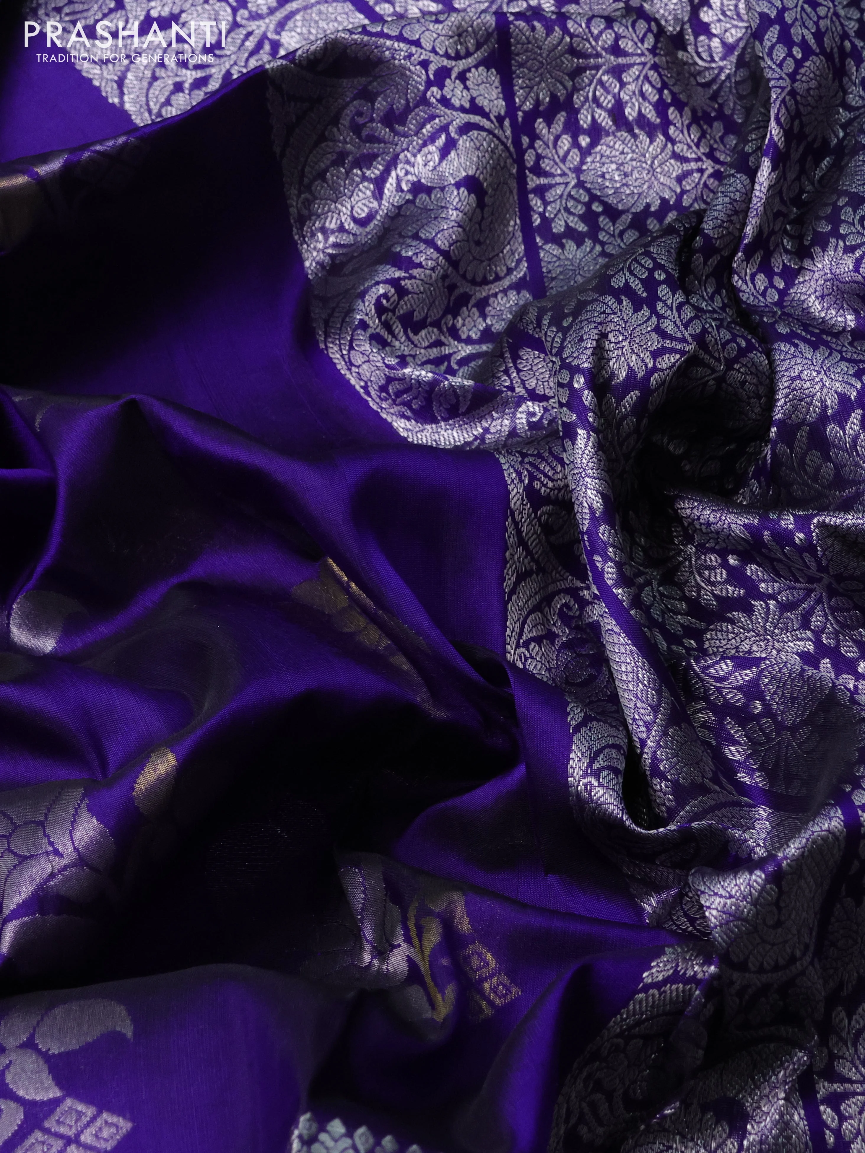 Venkatagiri silk saree blue with silver & gold zari woven buttas and long silver zari woven border - Image 3