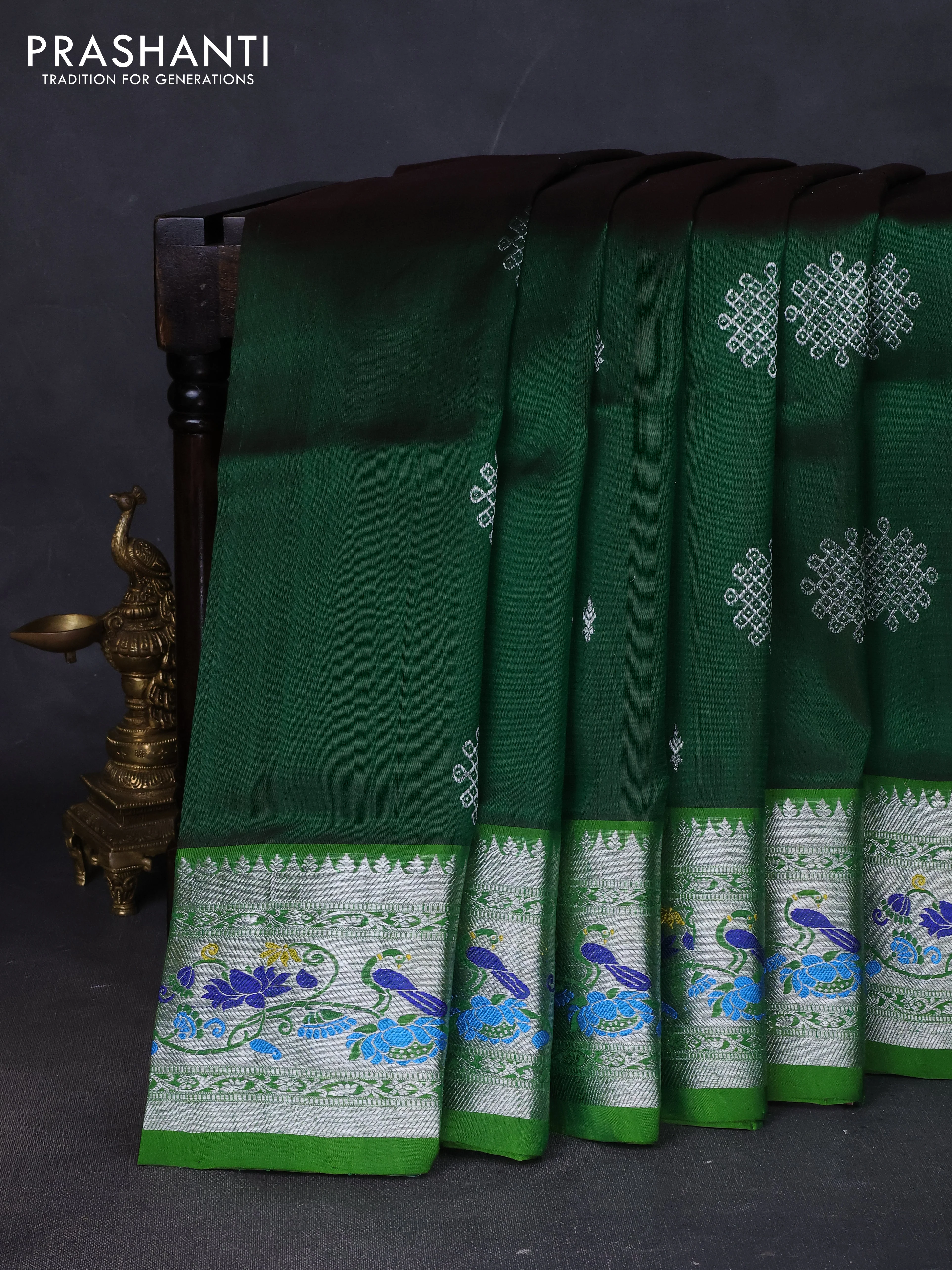 Venkatagiri silk saree bottle green and green with silver zari woven rangoli buttas and silver zari woven paithani style border