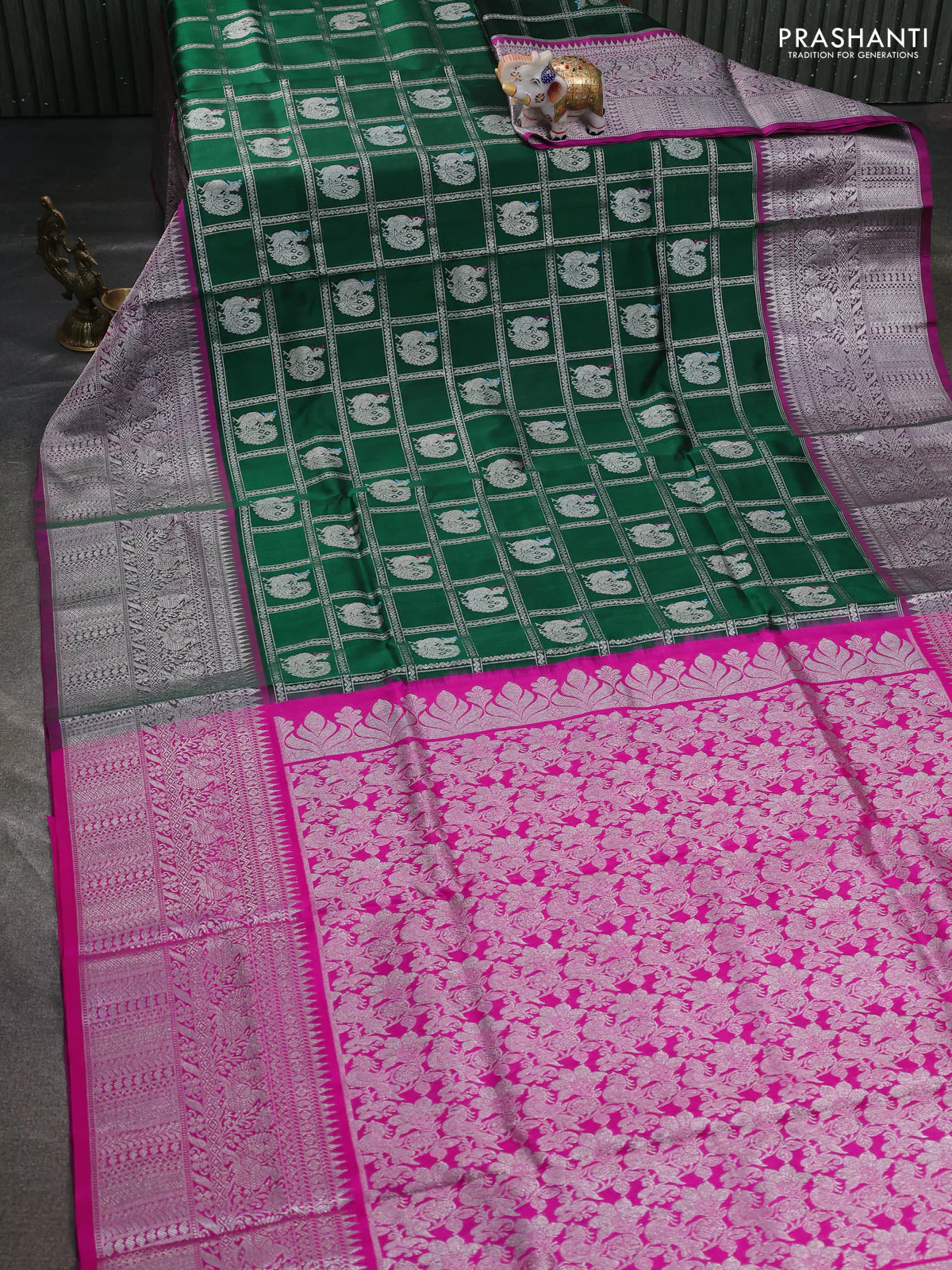 Venkatagiri silk saree bottle green and pink with allover silver zari checks & annam buttas and long silver zari woven border - Image 2