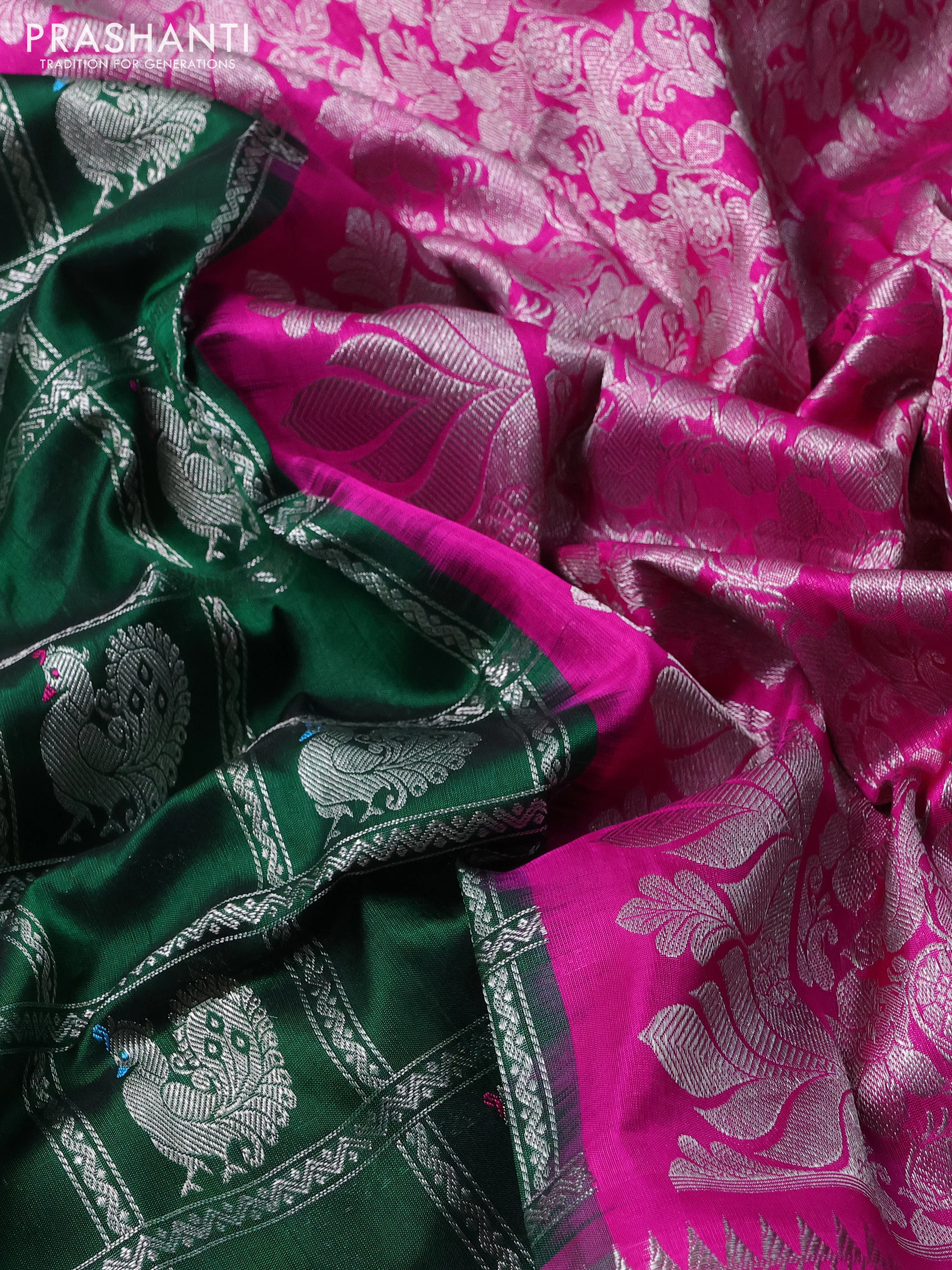 Venkatagiri silk saree bottle green and pink with allover silver zari checks & annam buttas and long silver zari woven border - Image 3