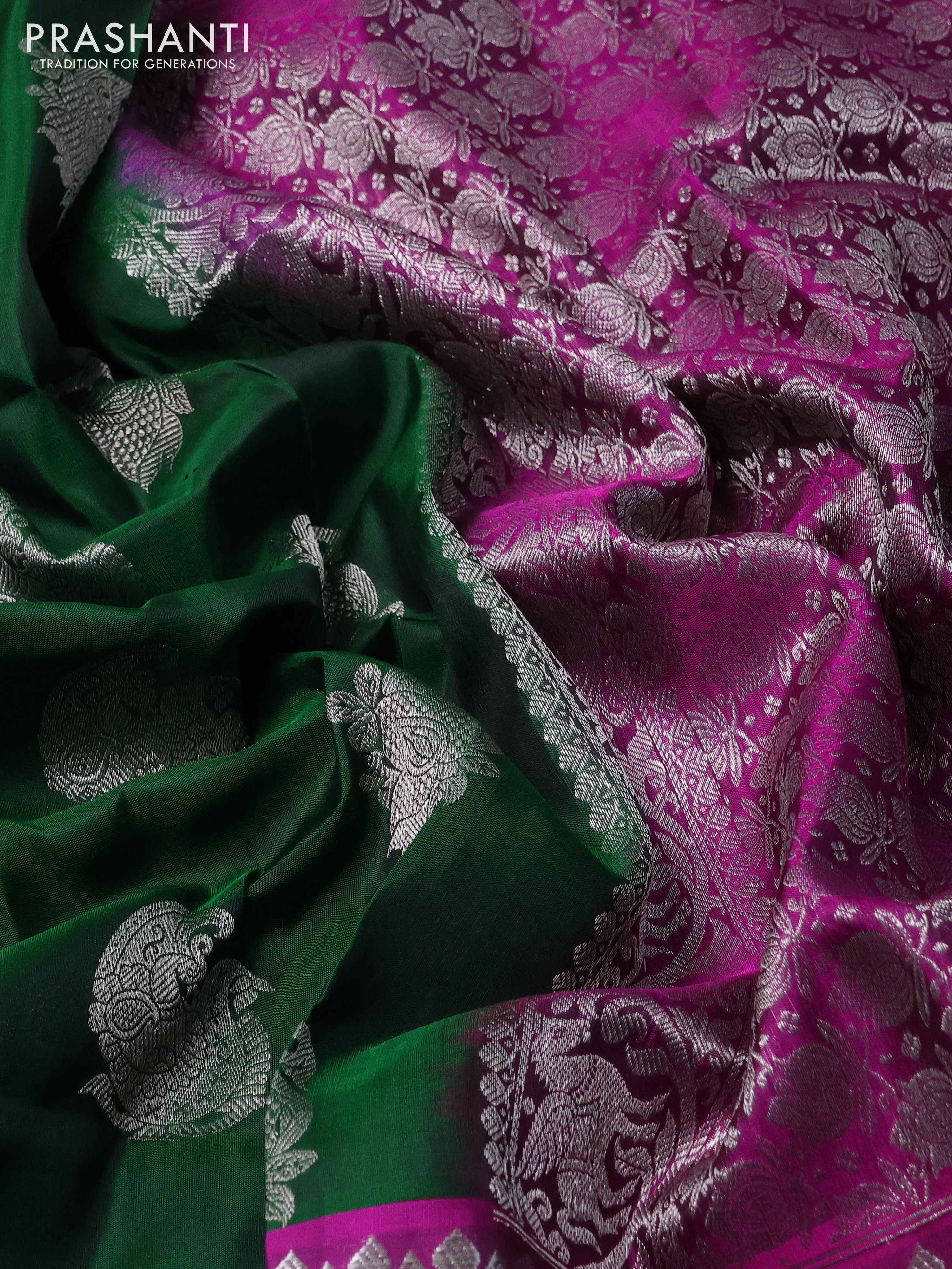 Venkatagiri silk saree bottle green and purple with allover silver zari woven buttas and long silver zari woven border - Image 3