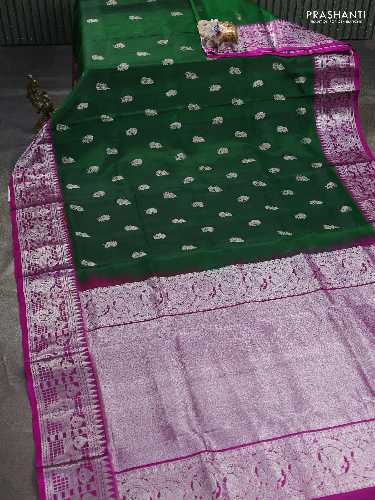 Venkatagiri silk saree bottle green and purple with silver zari woven buttas and silver zari woven border - Image 2