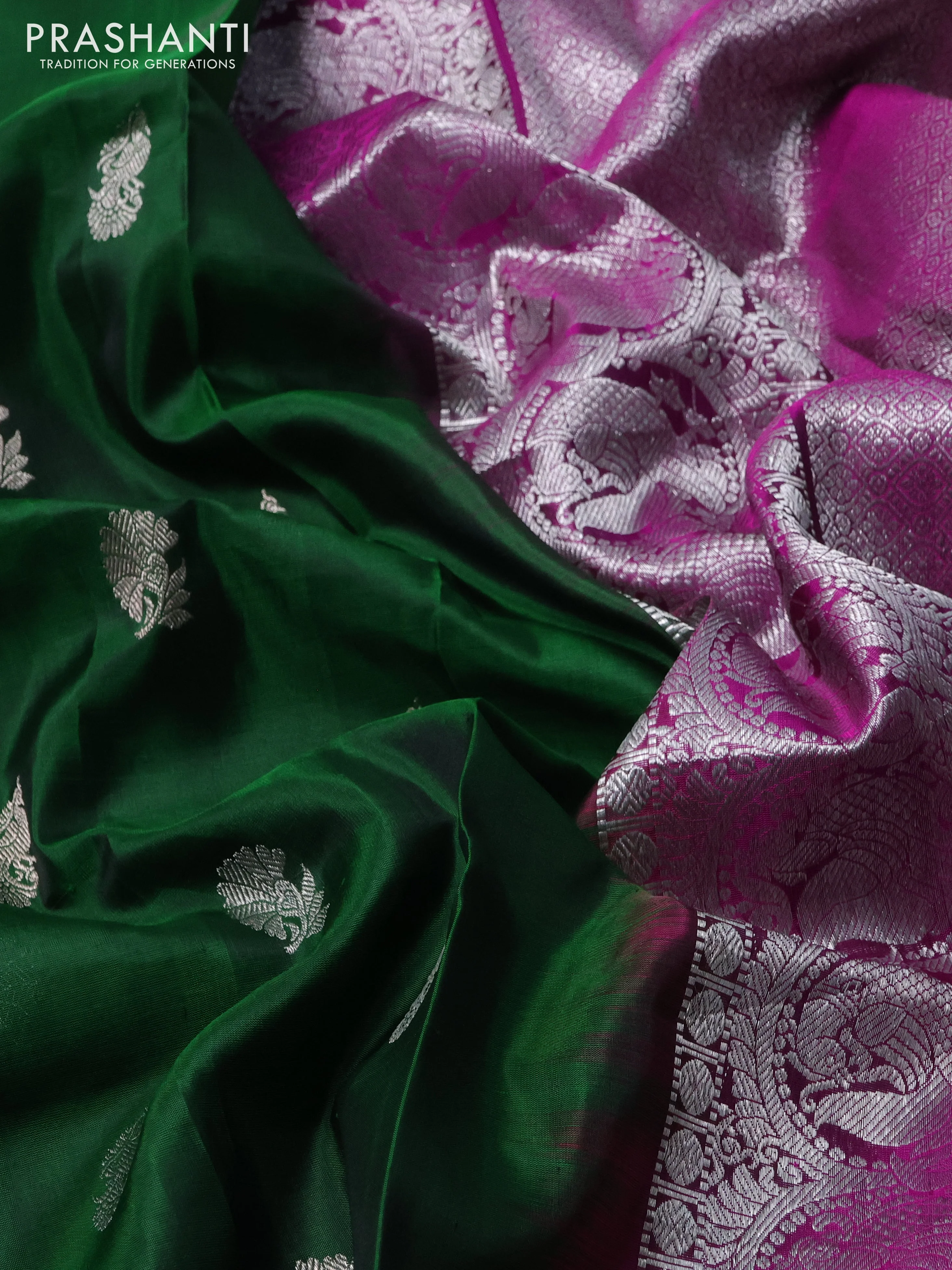 Venkatagiri silk saree bottle green and purple with silver zari woven buttas and silver zari woven border - Image 3