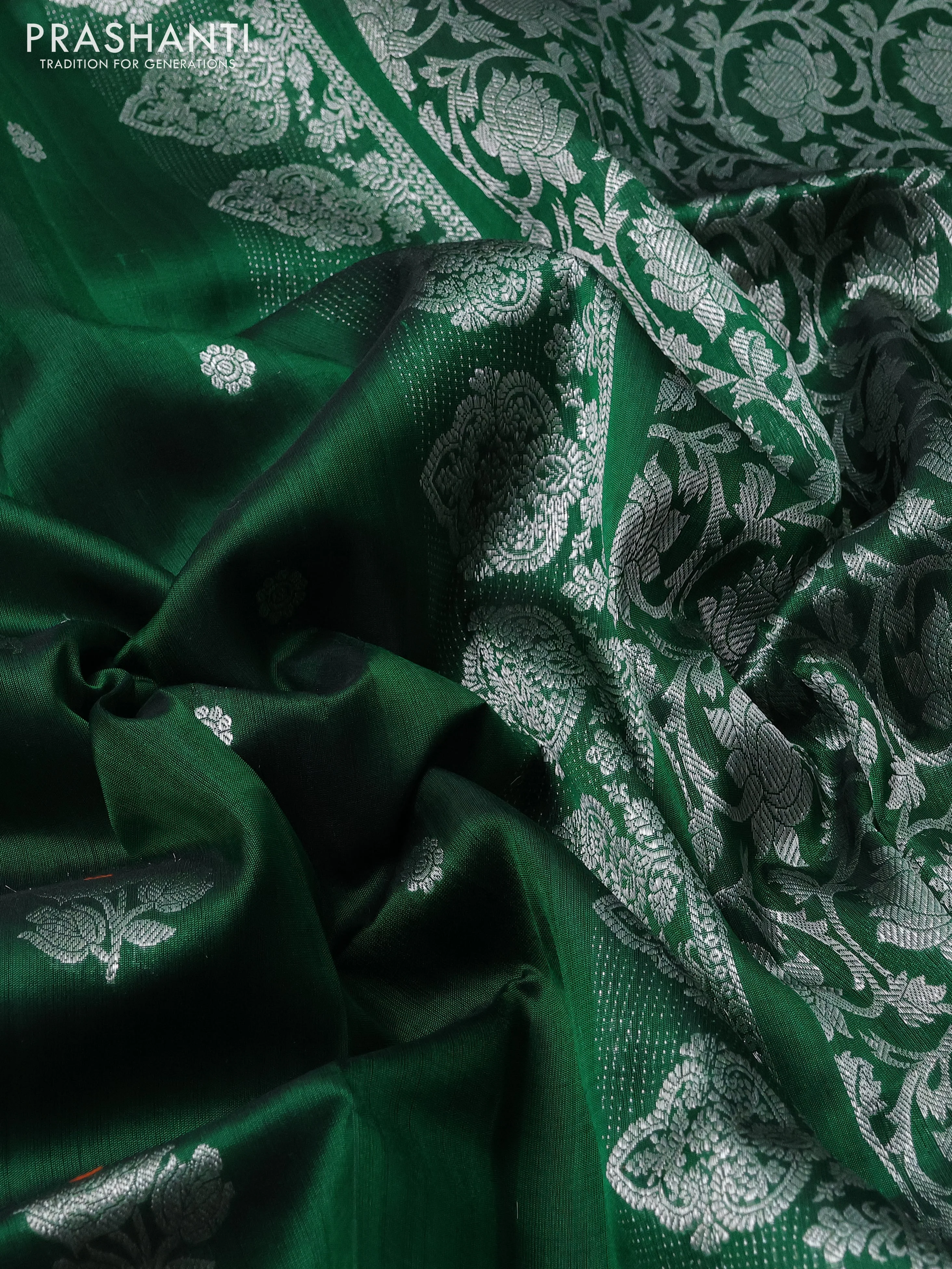 Venkatagiri silk saree bottle green with silver zari woven floral buttas and silver zari woven border - Image 3